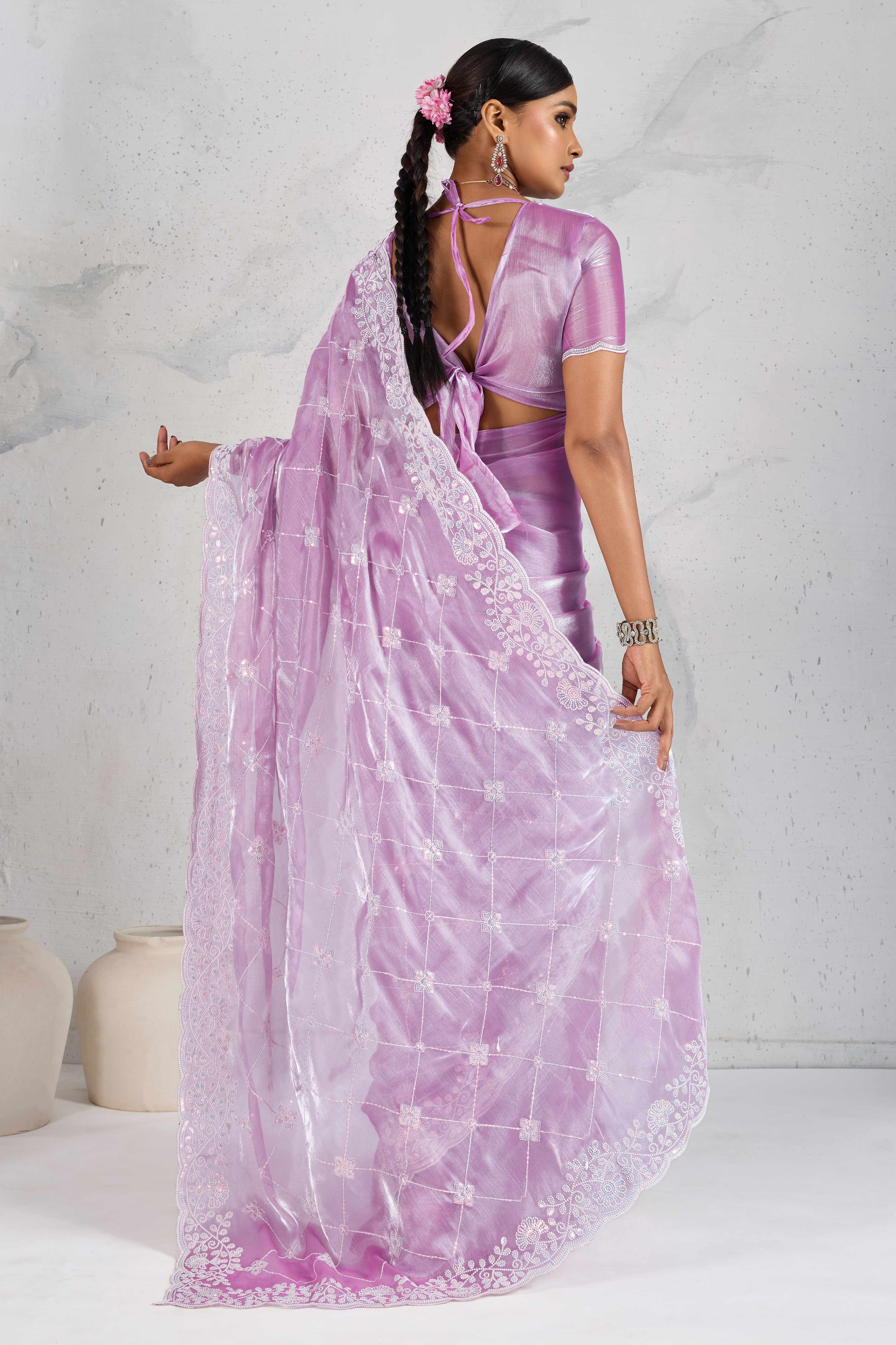 Purple Silk Saree with Dazzling Sequin Embroidery