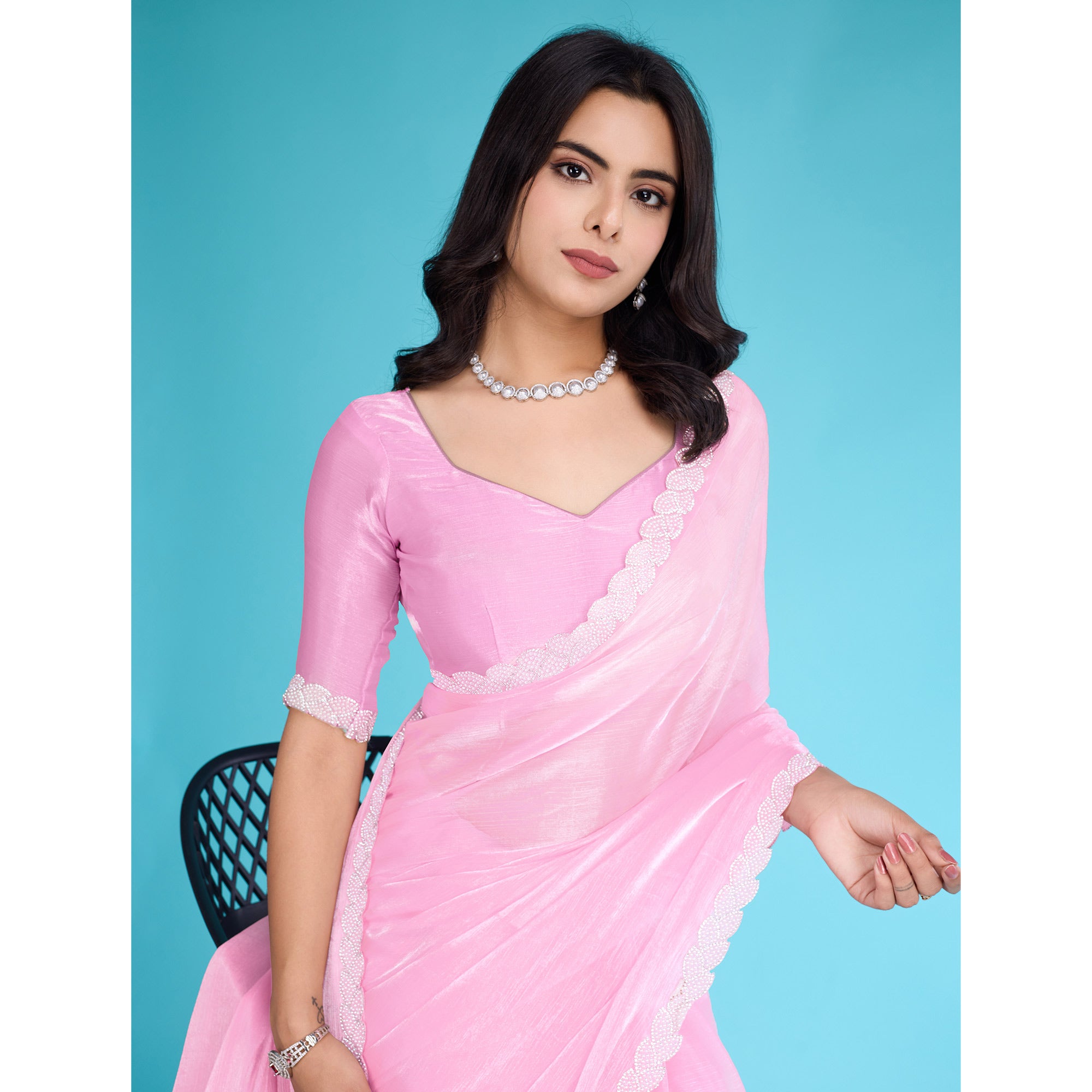 Pink Solid With Zarkan & Ceramic Pearl Diamond Lace Tissue Saree