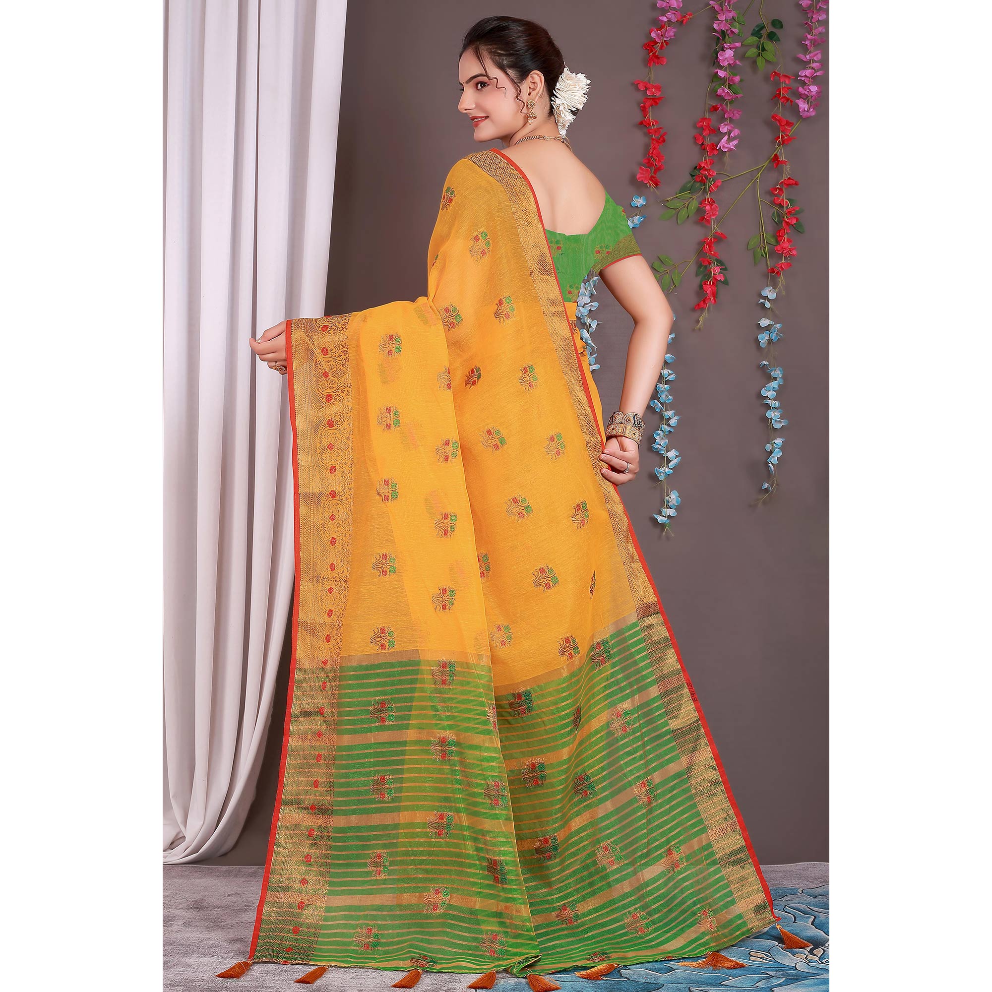 Yellow Floral Woven Cotton Silk Saree With Tassels