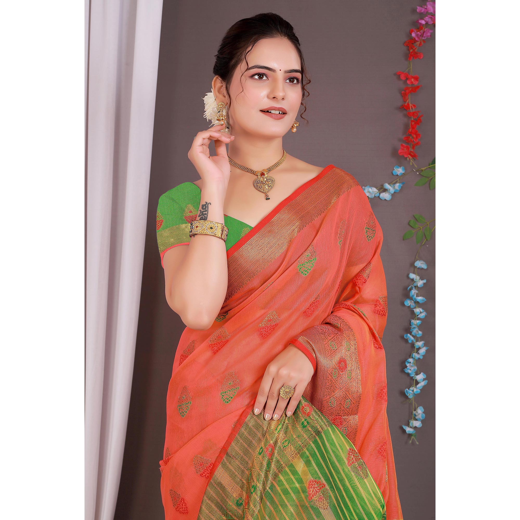 Red Floral Woven Cotton Silk Saree With Tassels