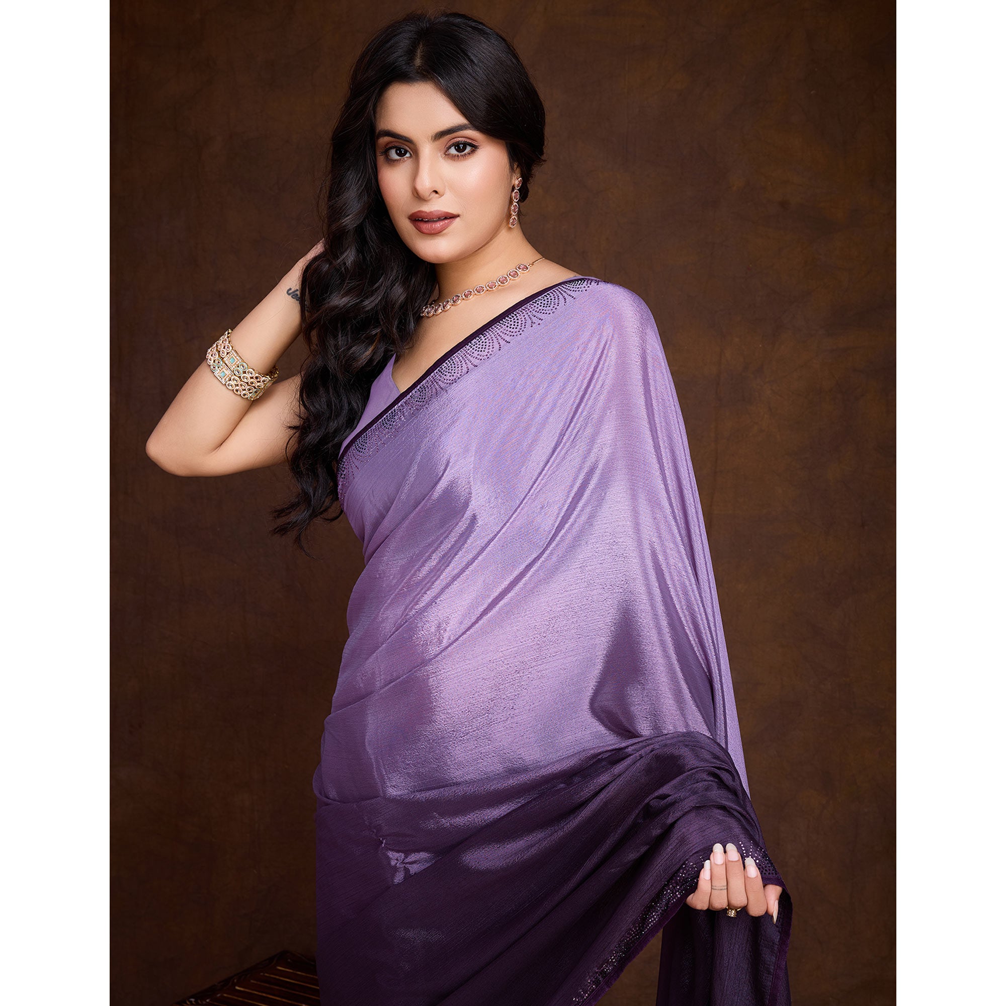Purple Swarovski Border Work Chinon Ombre Saree