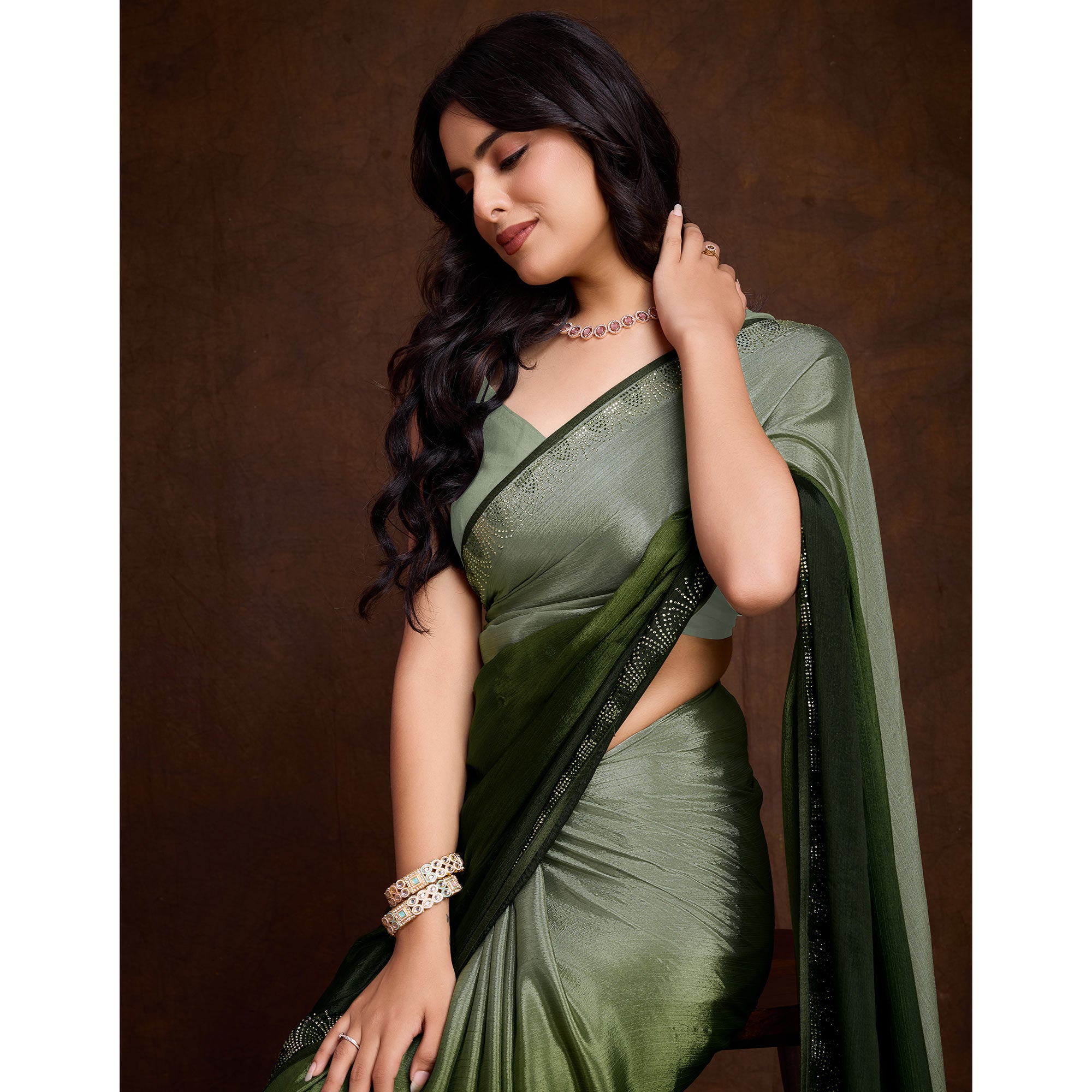 Green Swarovski Border Work Chinon Ombre Saree