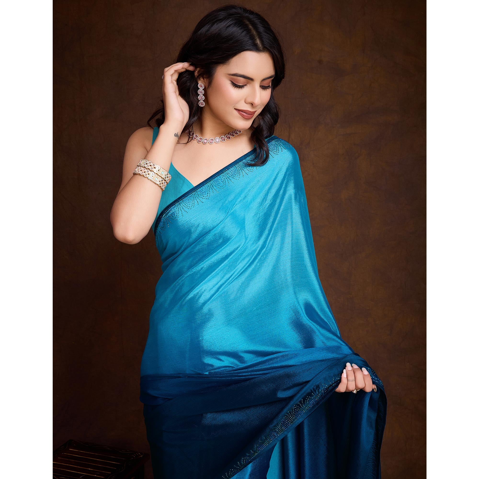 Blue Swarovski Border Work Chinon Ombre Saree