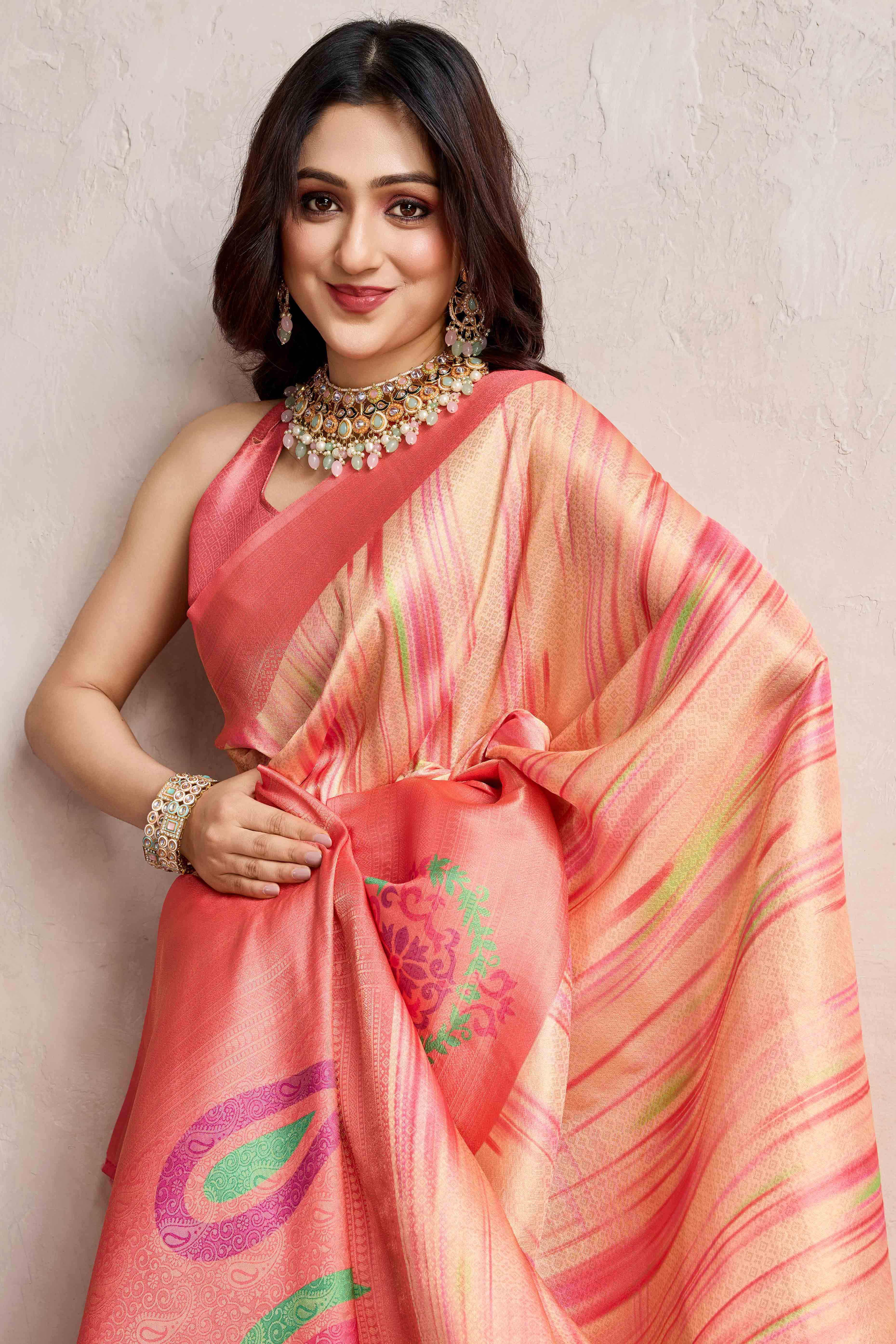 Peach Kanoko Print Weaving Soft Banarasi Silk Saree