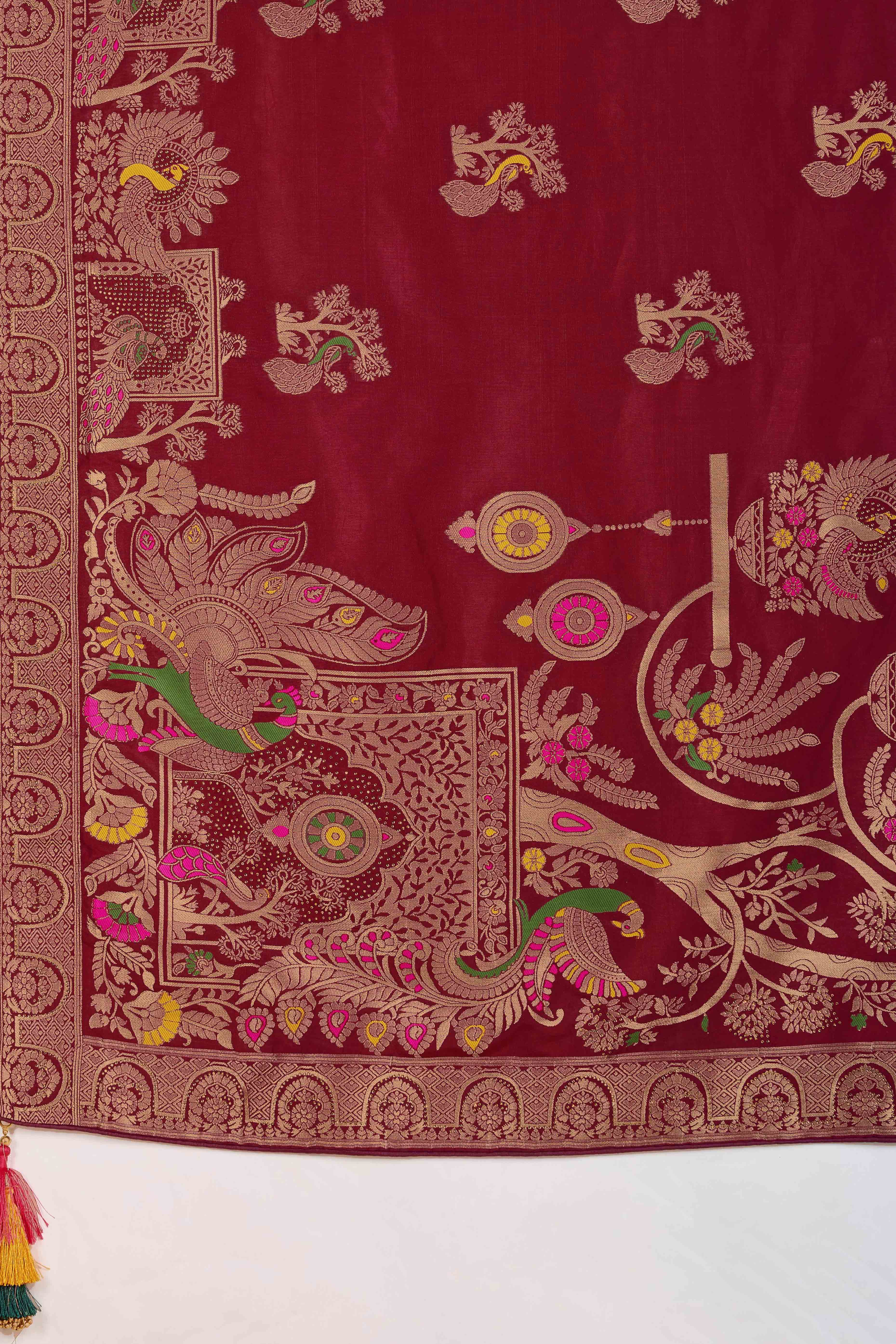 Opulent Maroon Dola Silk Saree With Exquisite Zari Weaving & Swarovski Embellishments