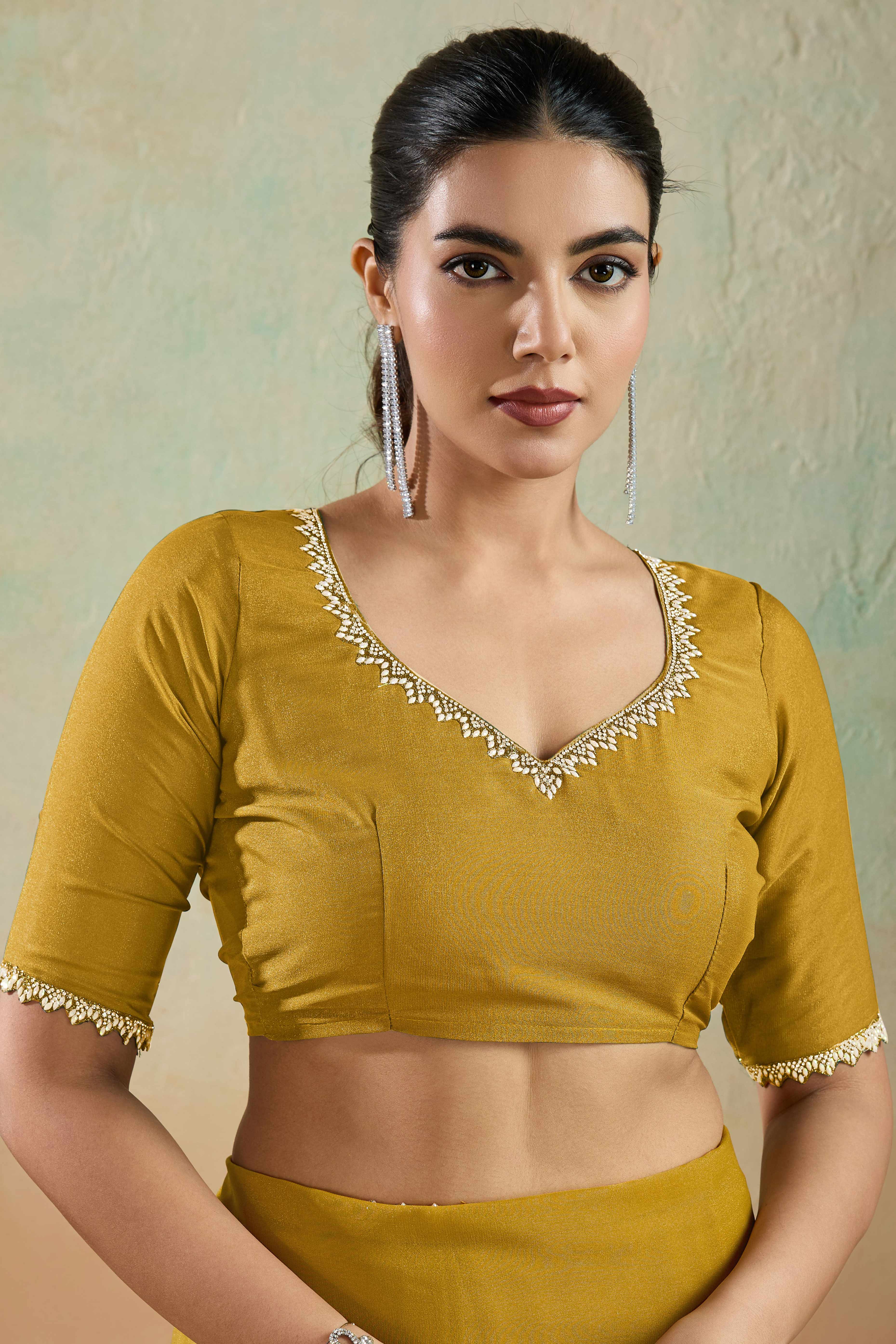 Mustard Solid Matt Georgette Saree With Ceramic Embellished Lace Border