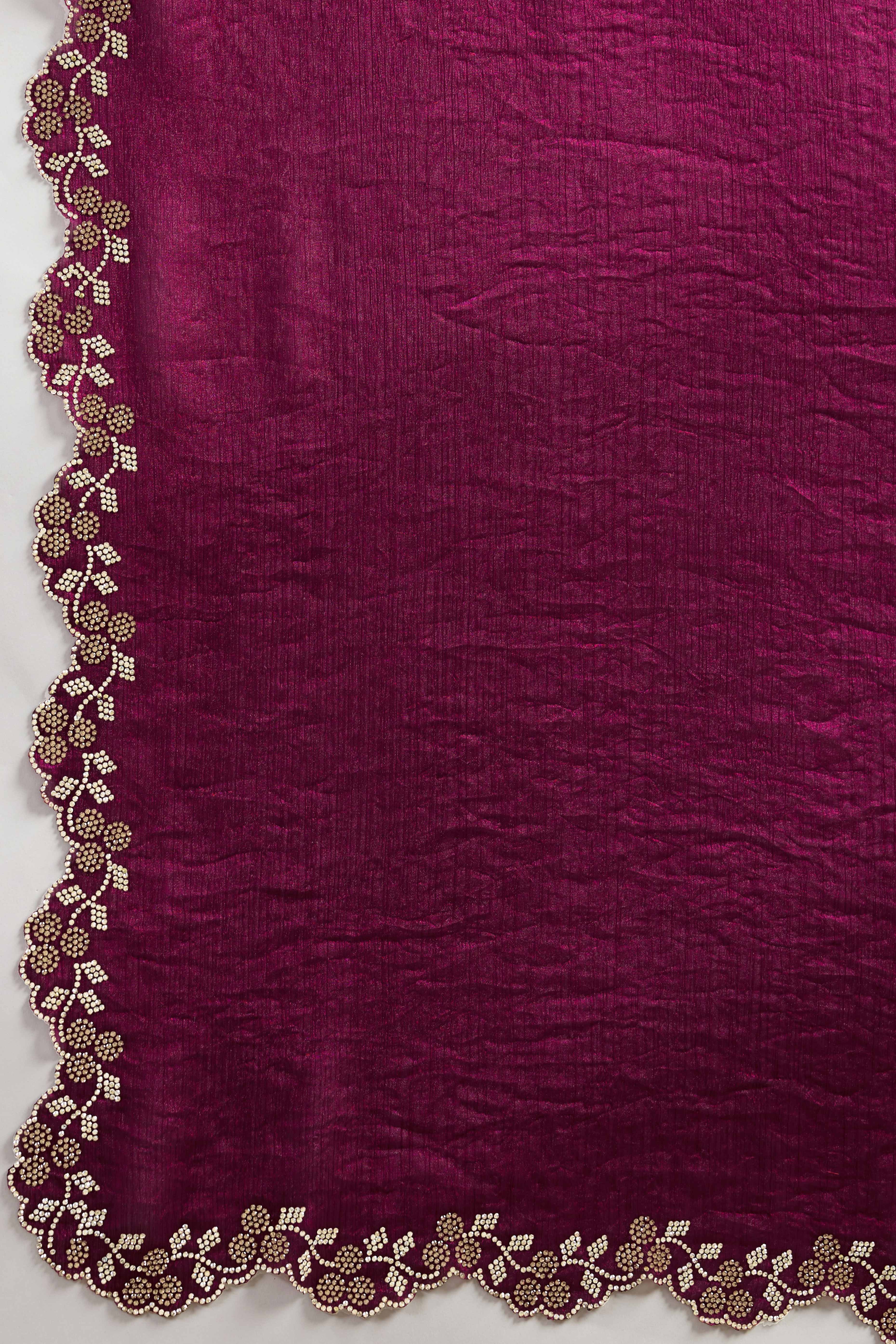 Wine Velvet Chiffon Saree Accented with Sparkling Zarkan Detailing