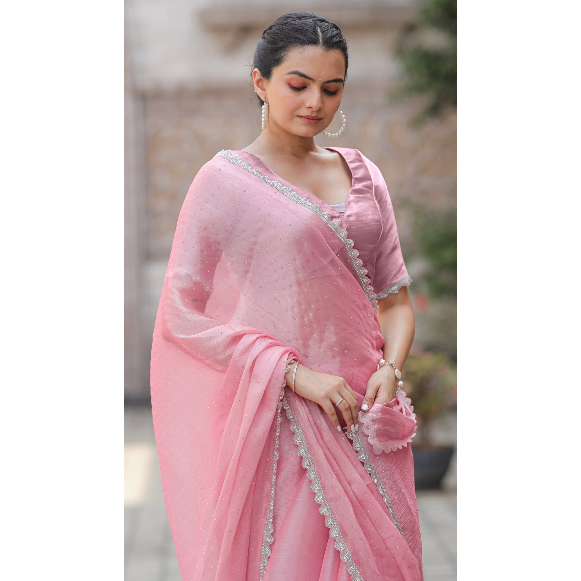 Pink Stonework Tussar Silk Saree