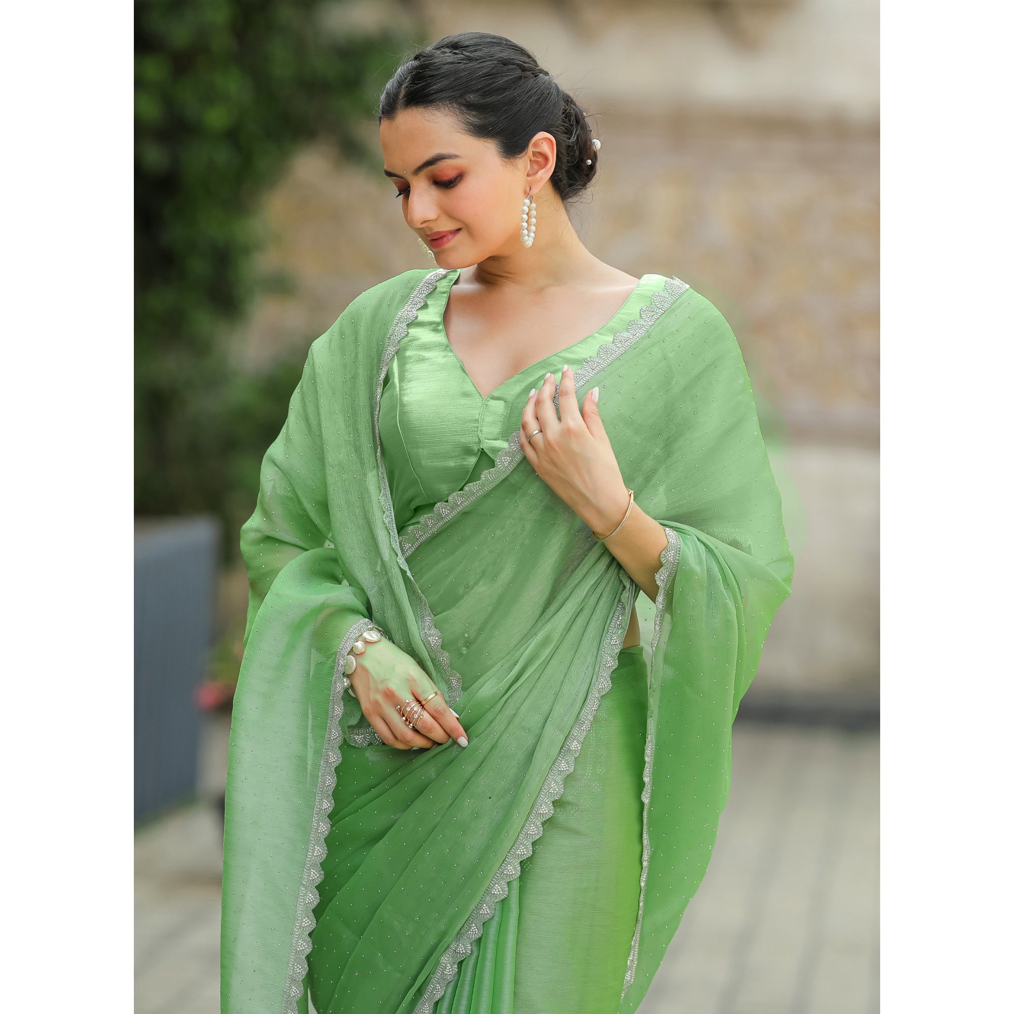 Green Stonework Tussar Silk Saree