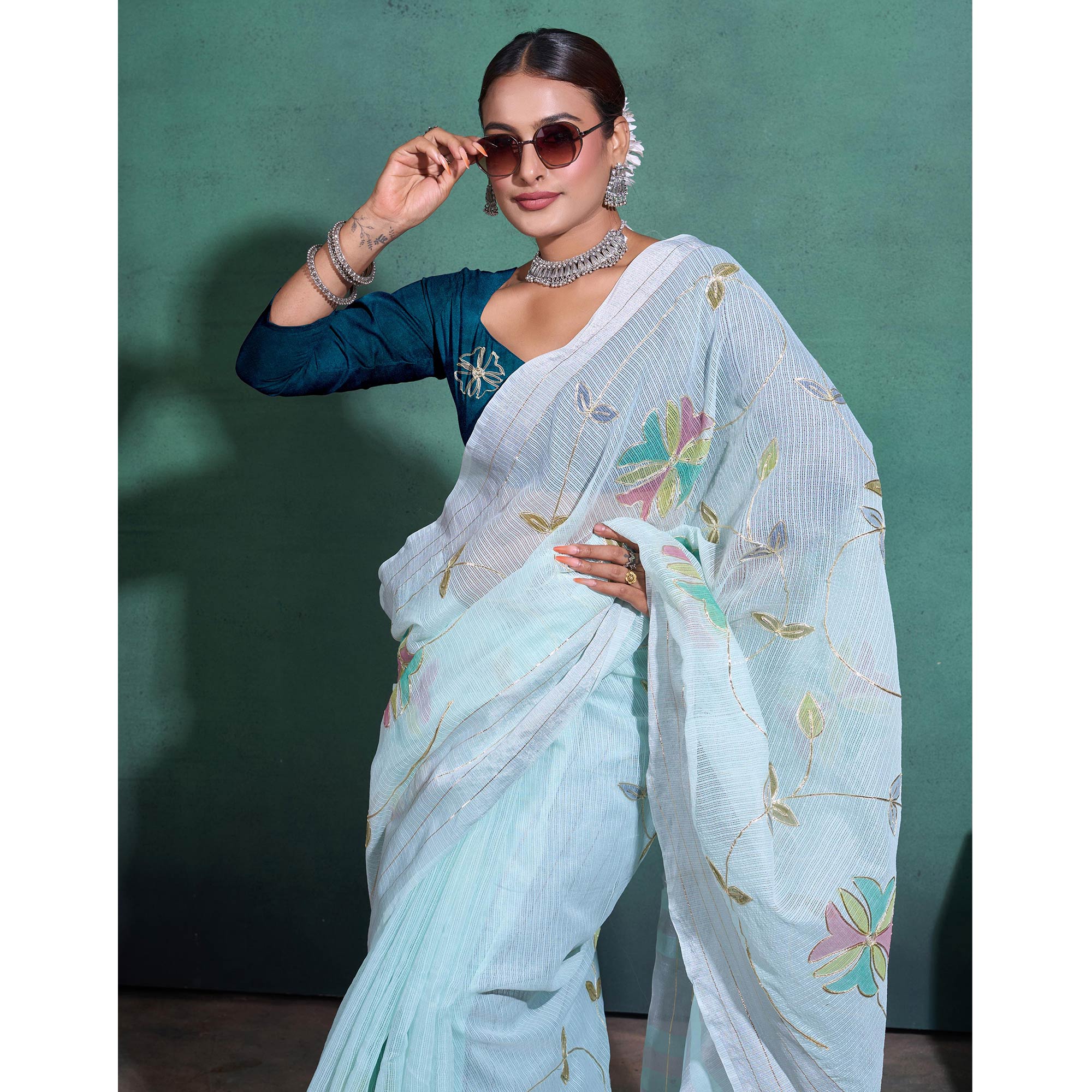 Sea Green Gota patti Embroidered Linen Saree With Tassels