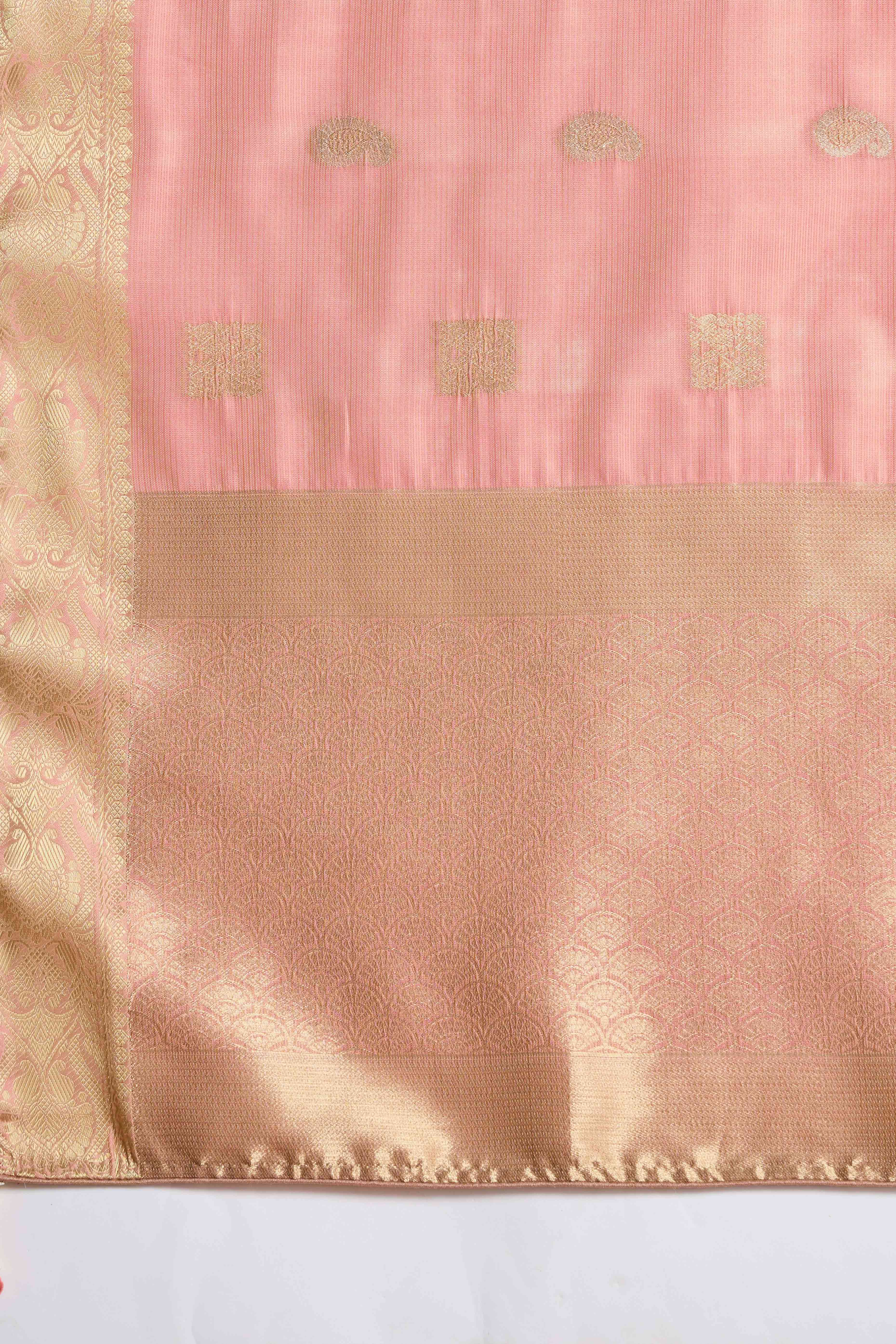 Contemporary Gajari Pink Silk Blend Saree Flaunting Alternate Buttas With Piping & Tassel Accents
