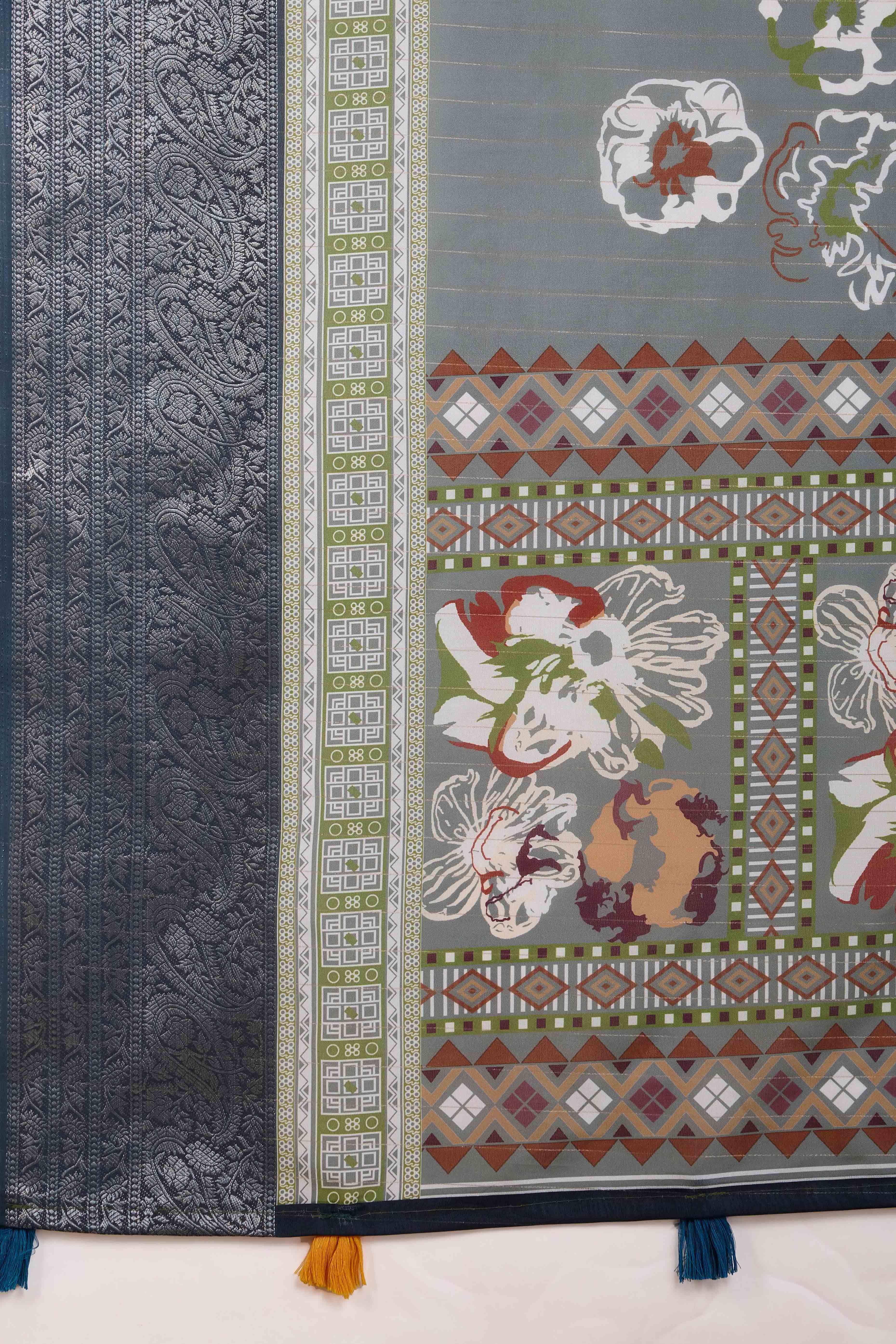 Grey Floral Printed Crepe Saree With Rich Zari Border