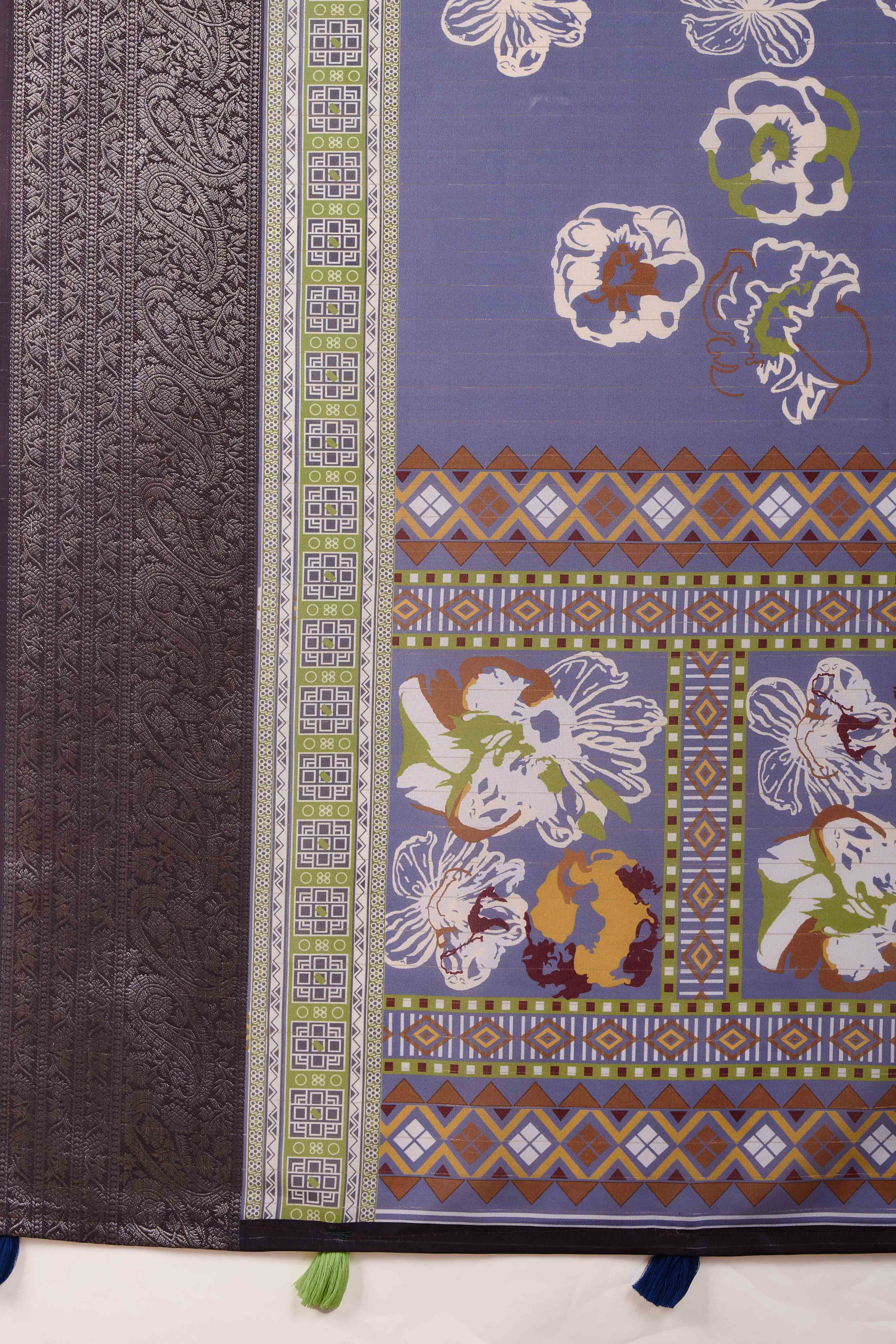 Lavender Floral Printed Crepe Saree With Rich Zari Border