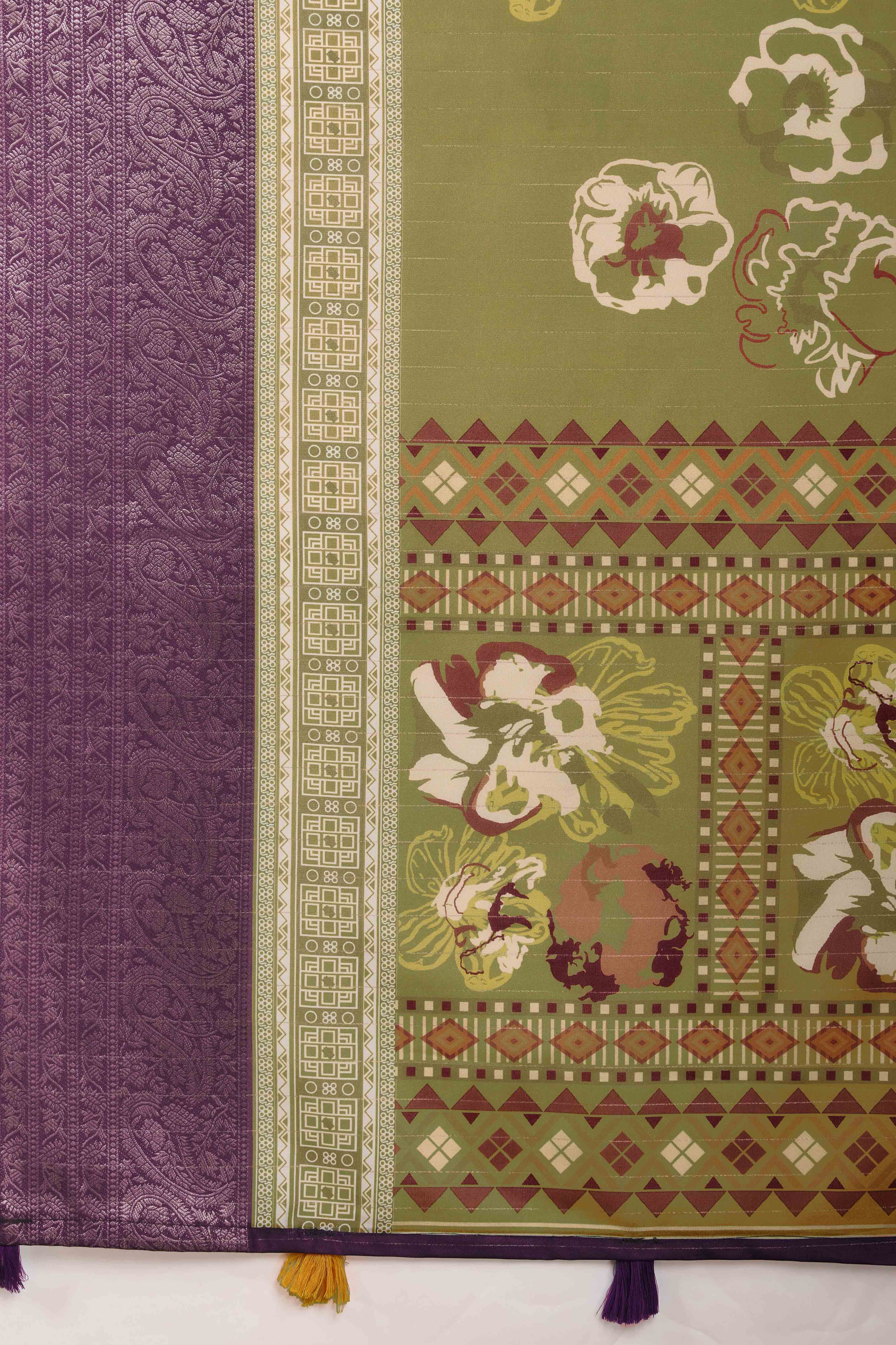 Green Floral Printed Crepe Saree With Rich Zari Border