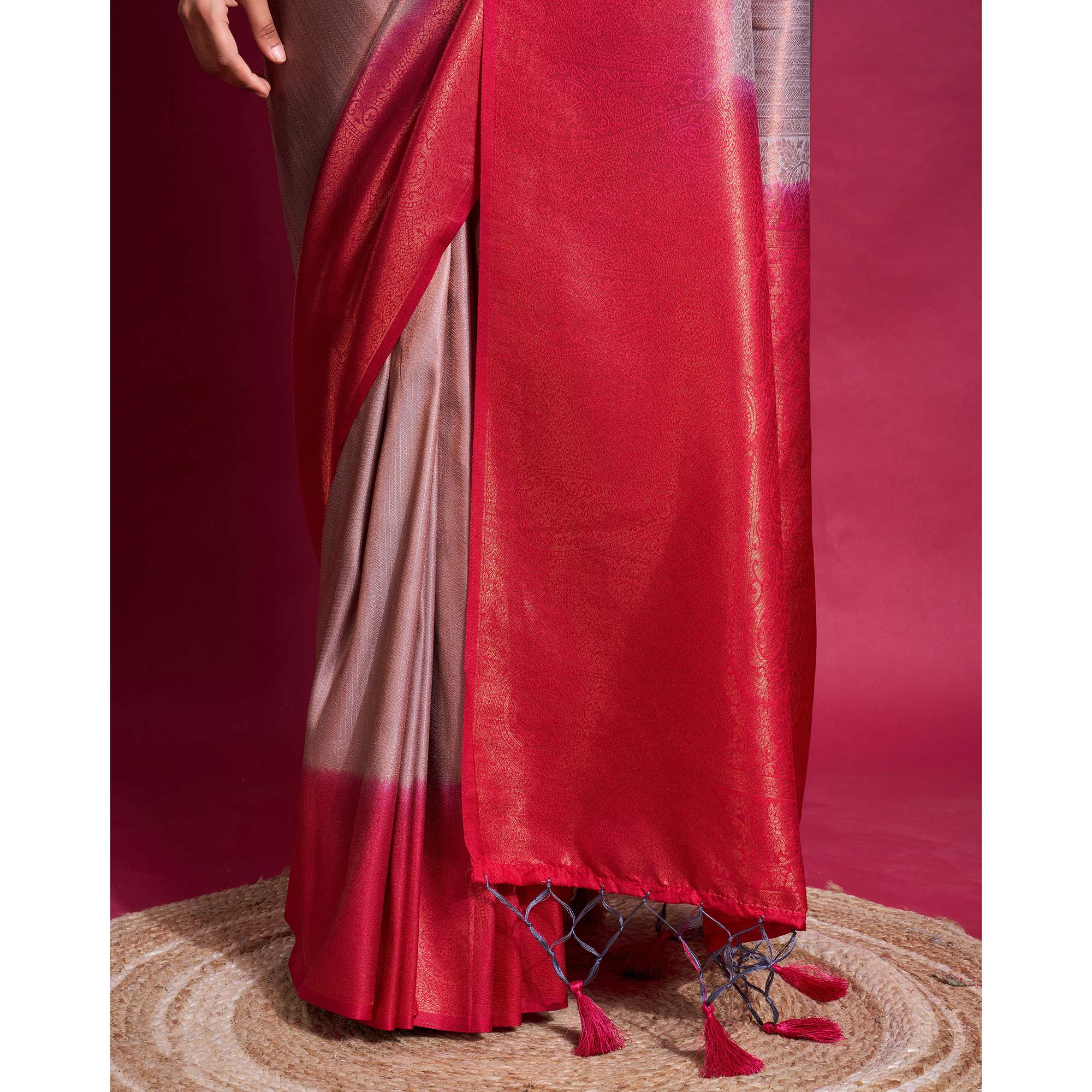 Purple & Pink Woven Kanjivaram Silk Saree With Tassels