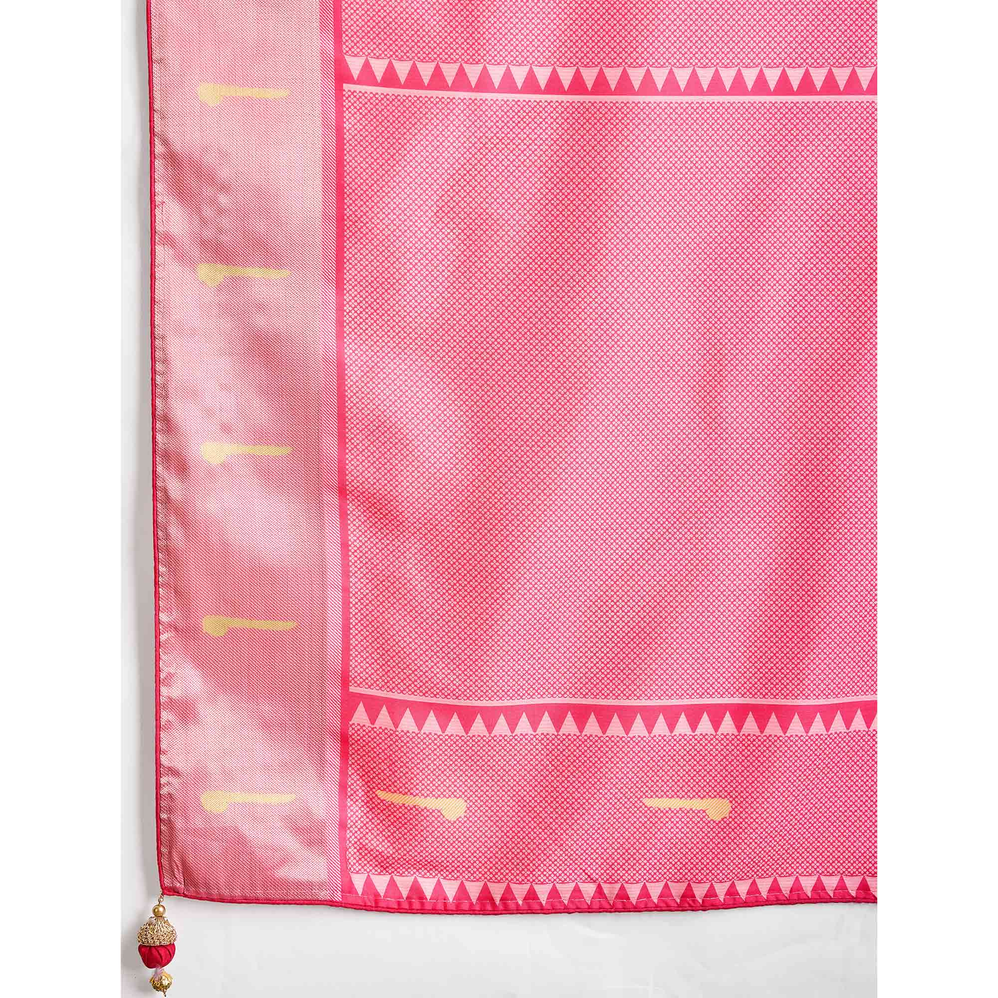 Pink Digital Printed Dola Silk Saree With Exquisite Weaving Zari Border & Opulent Pallu