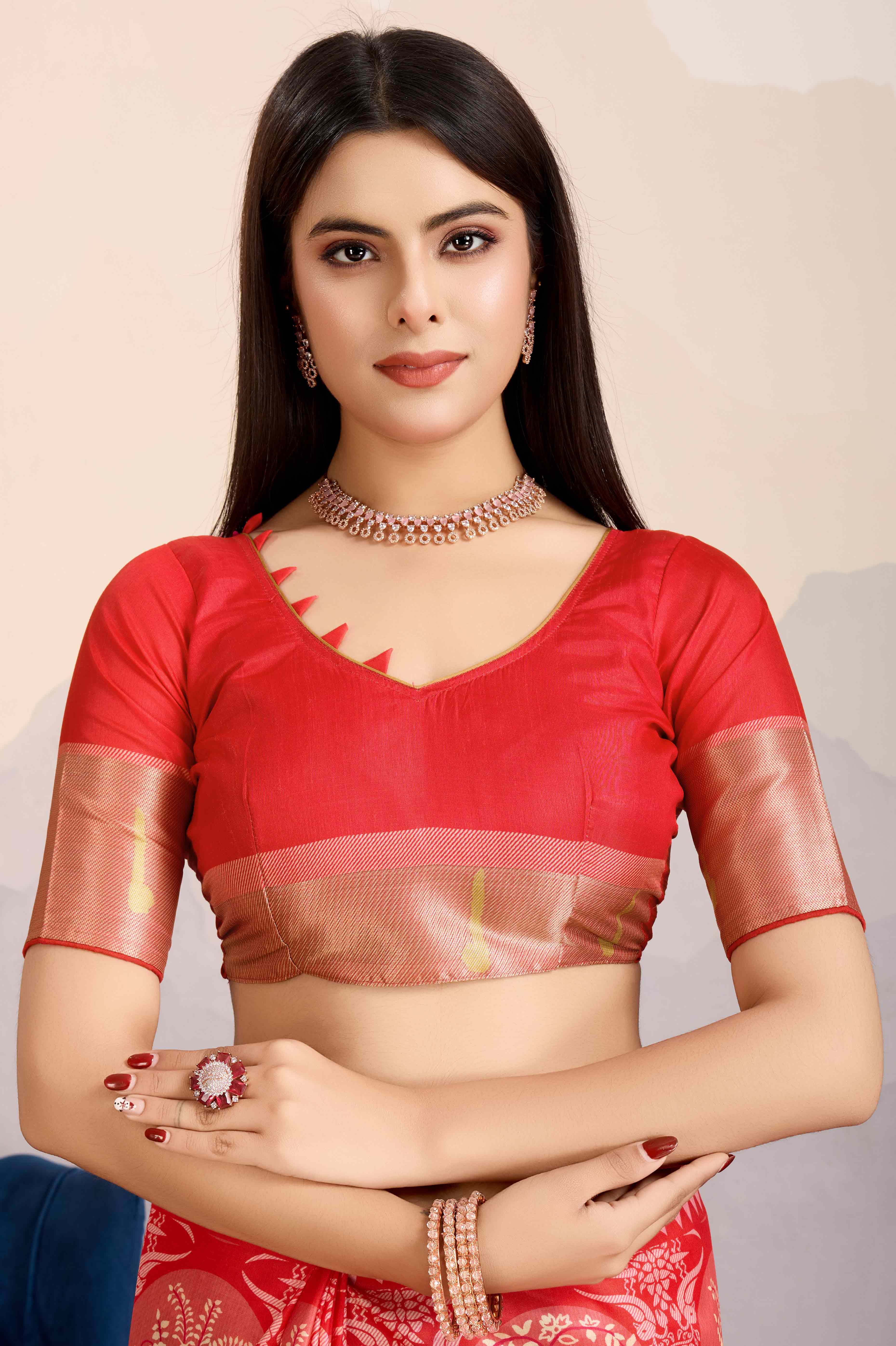 Red Digital Printed Dola Silk Saree With Exquisite Weaving Zari Border & Opulent Pallu