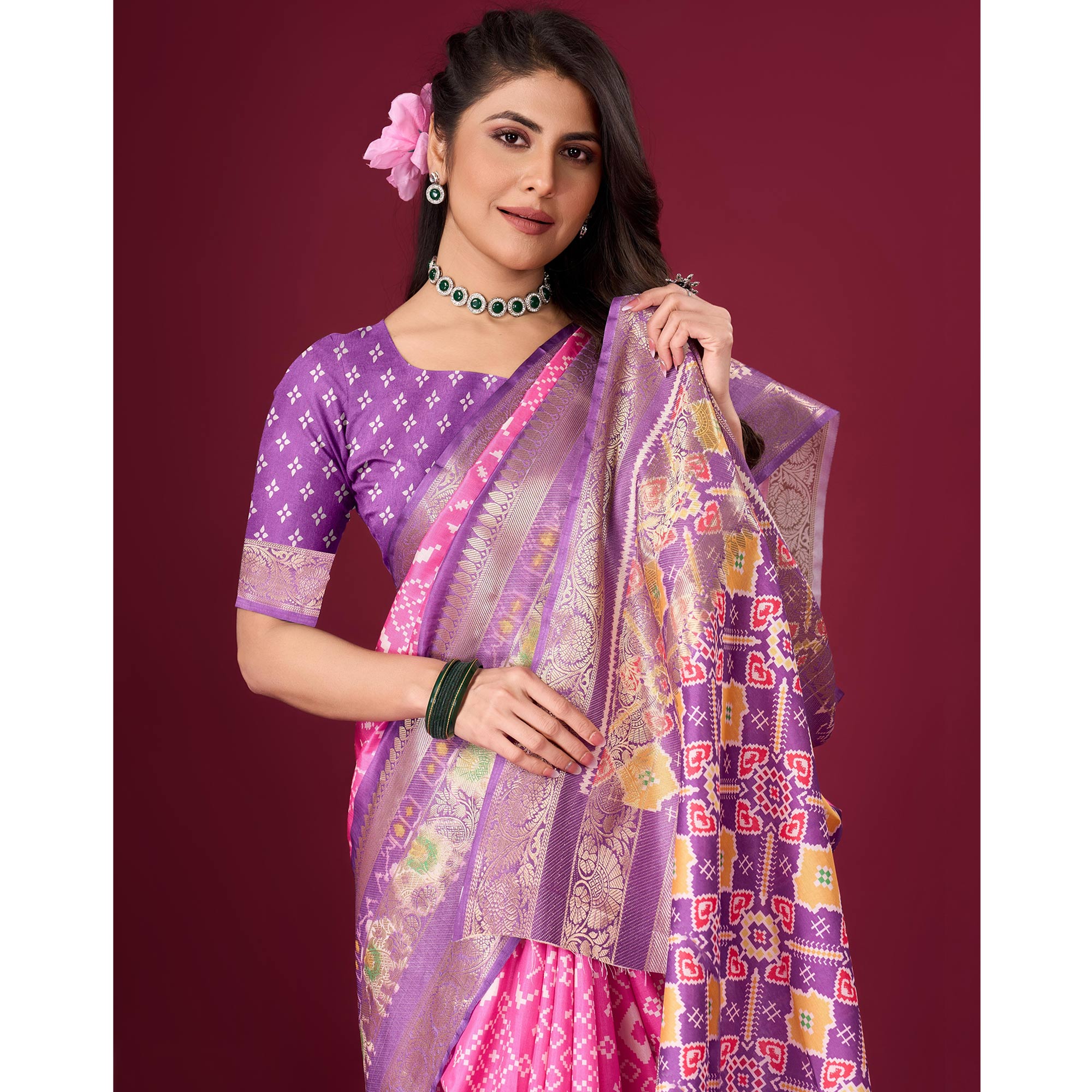 Pink & Purple Digital Patola Printed With Woven Border Dola Silk Saree