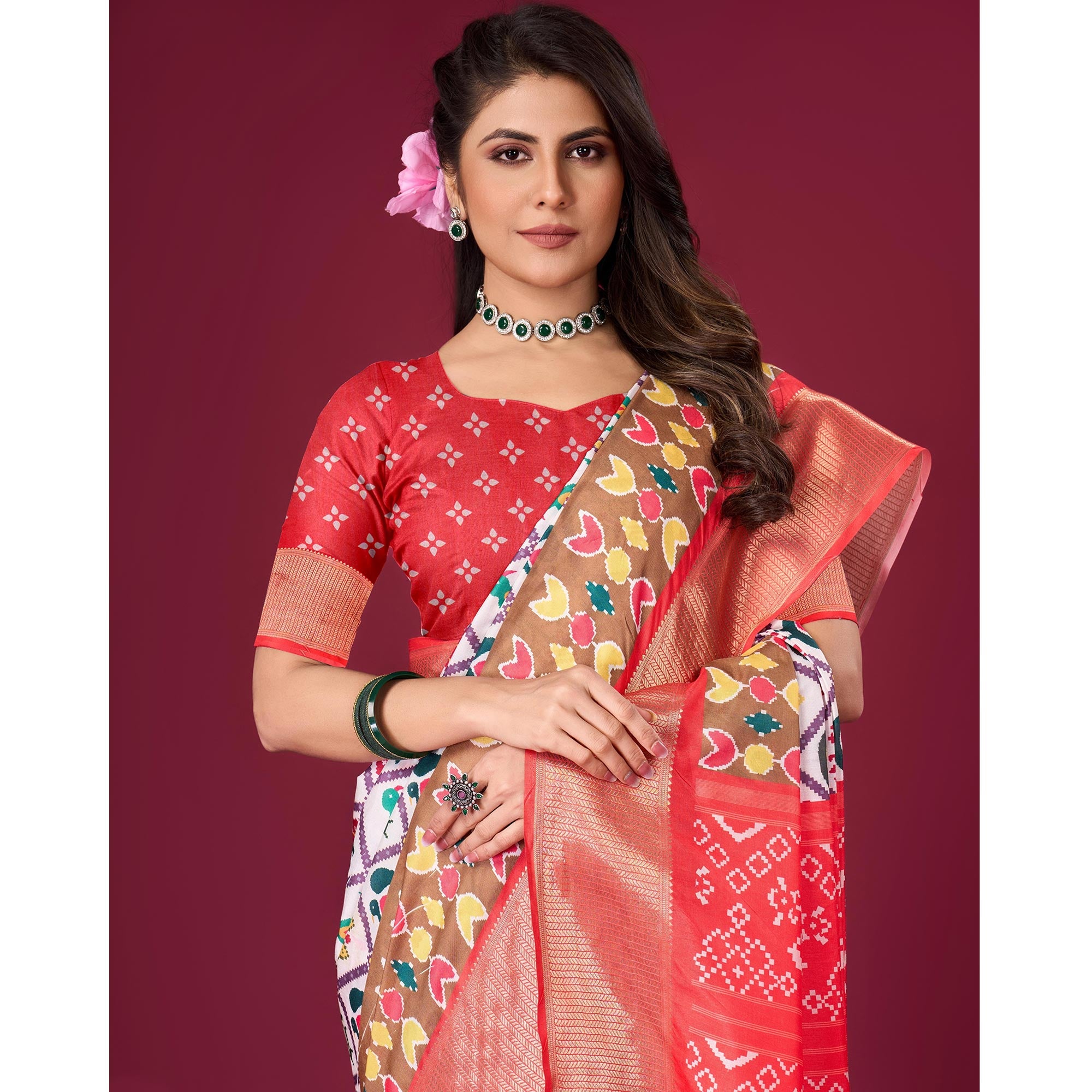White & Red Digital Patola Printed With Woven Border Dola Silk Saree