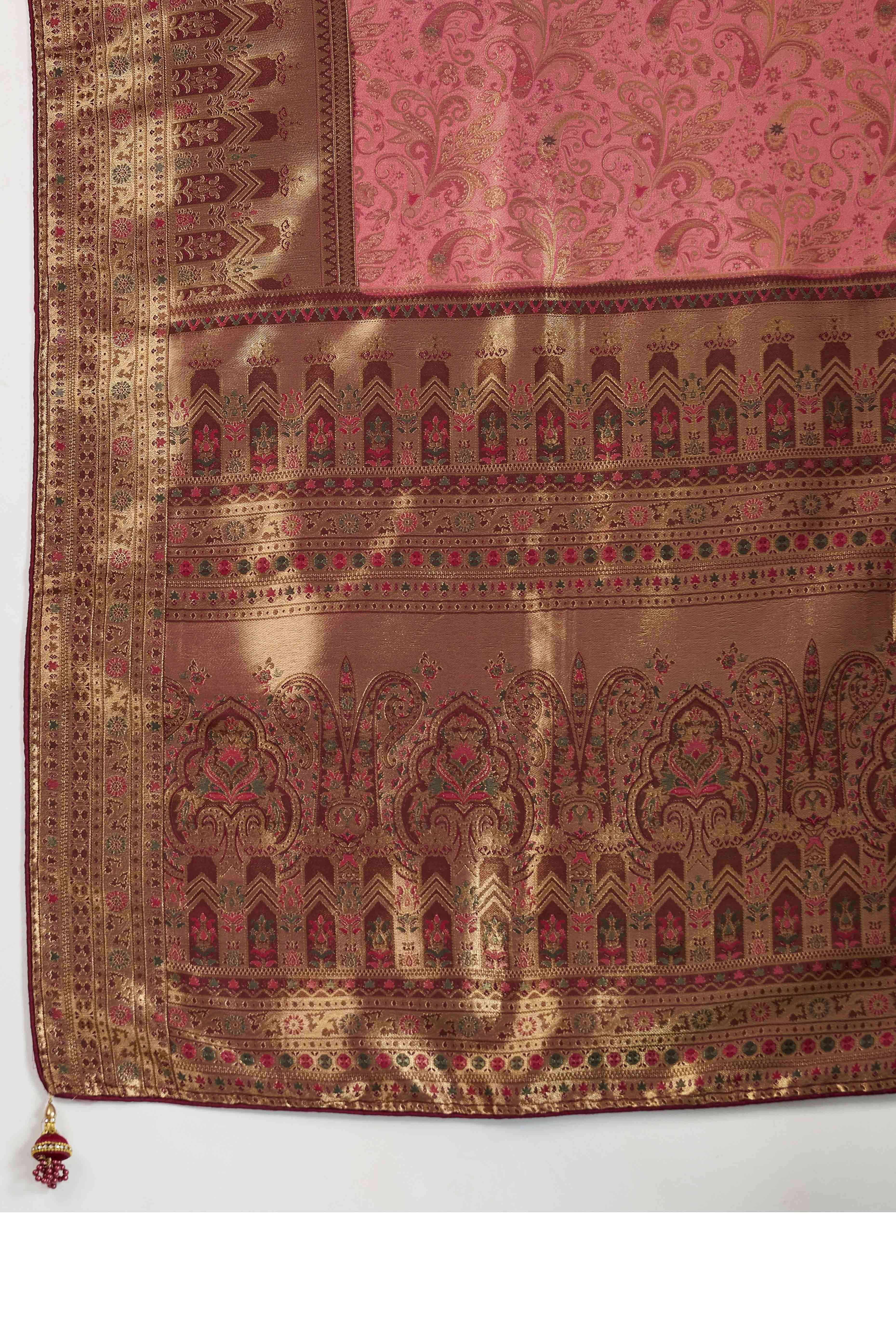 Pink Floral Meenakari Weaving Kanjivaram Silk Saree With Rich Piping & Tassel Pallu