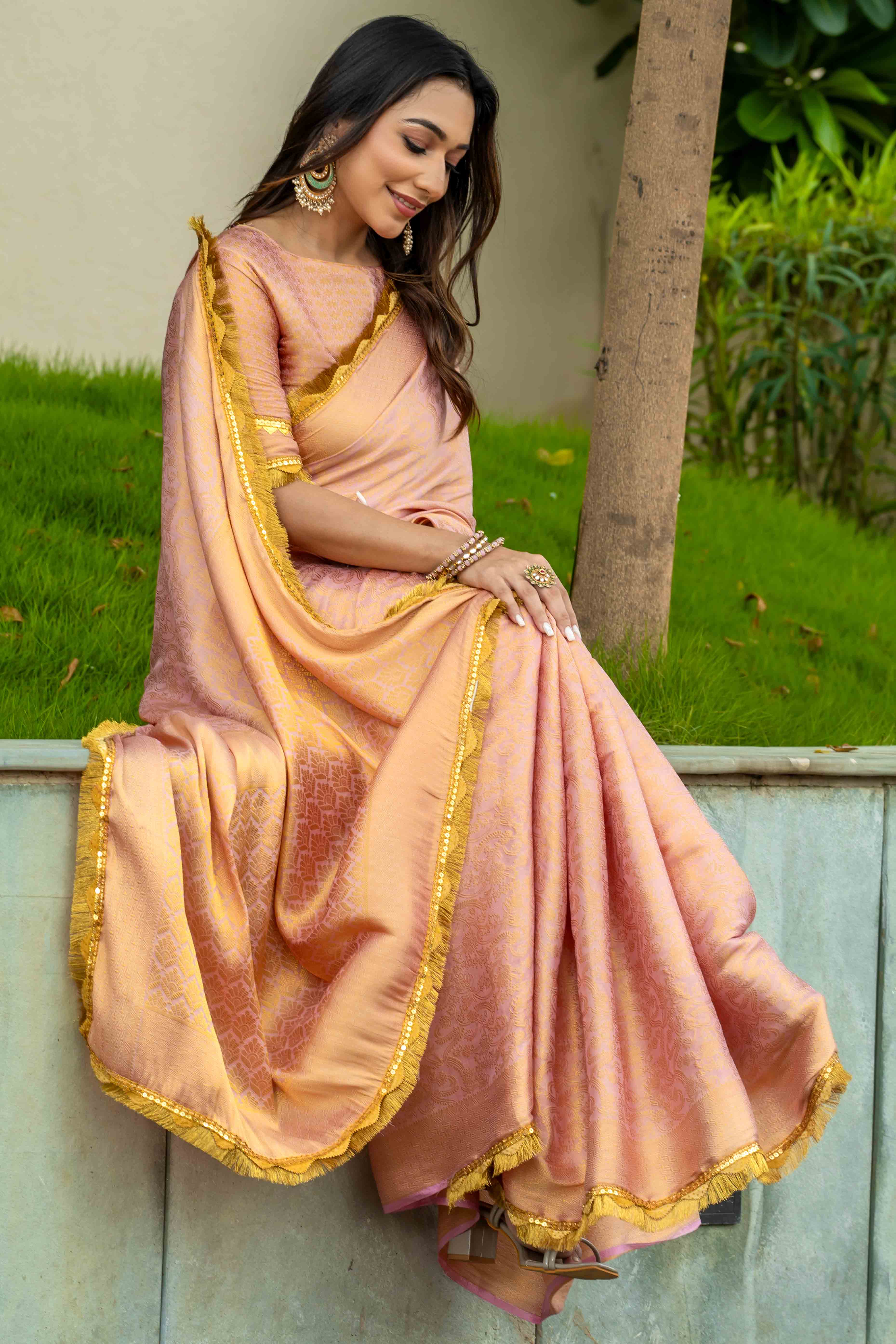 Peach Zari Weaving Mysore Brocade Silk Saree With Zari Border