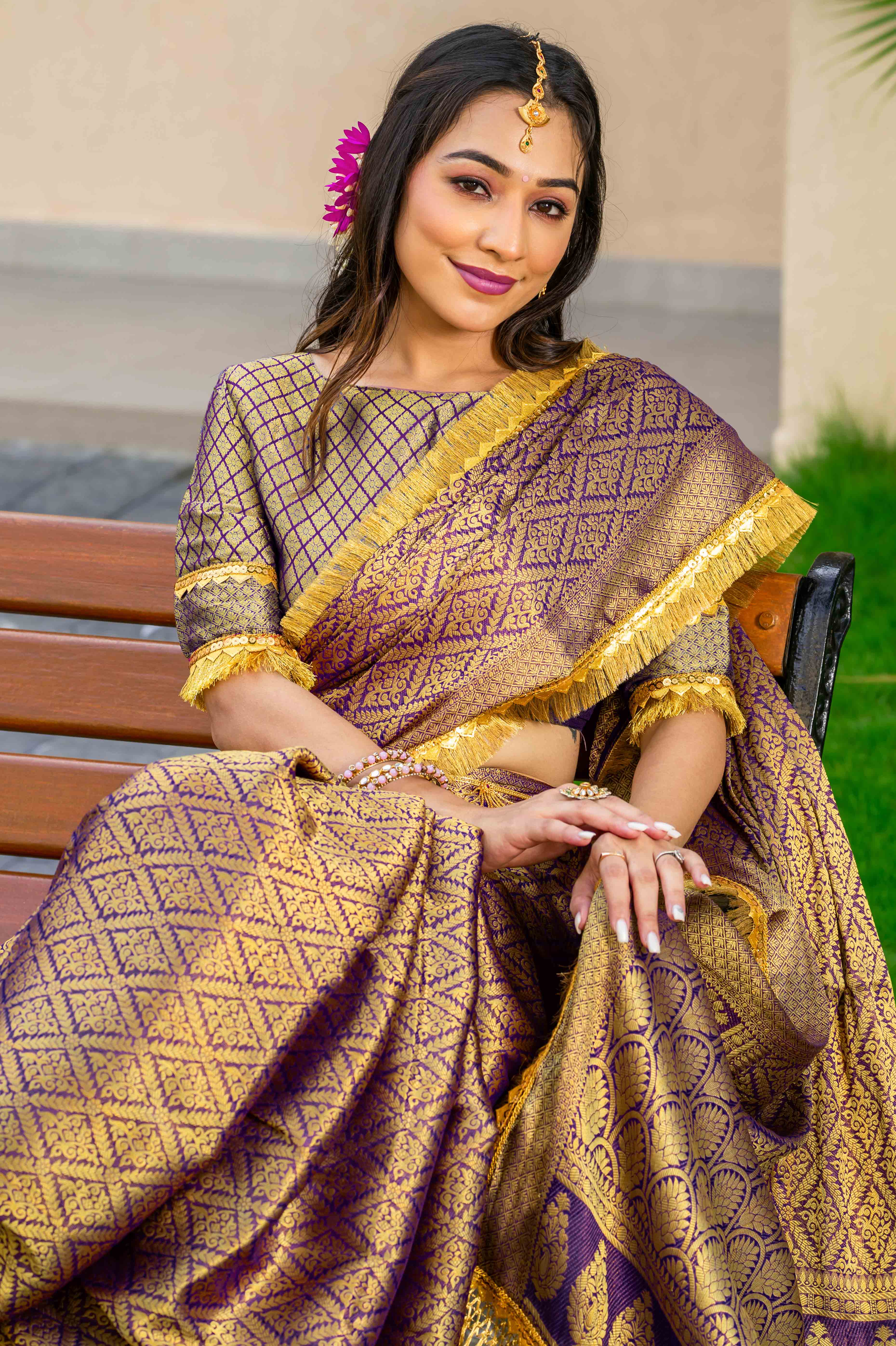 Purple Zari Weaving Mysore Brocade Silk Saree With Zari Border