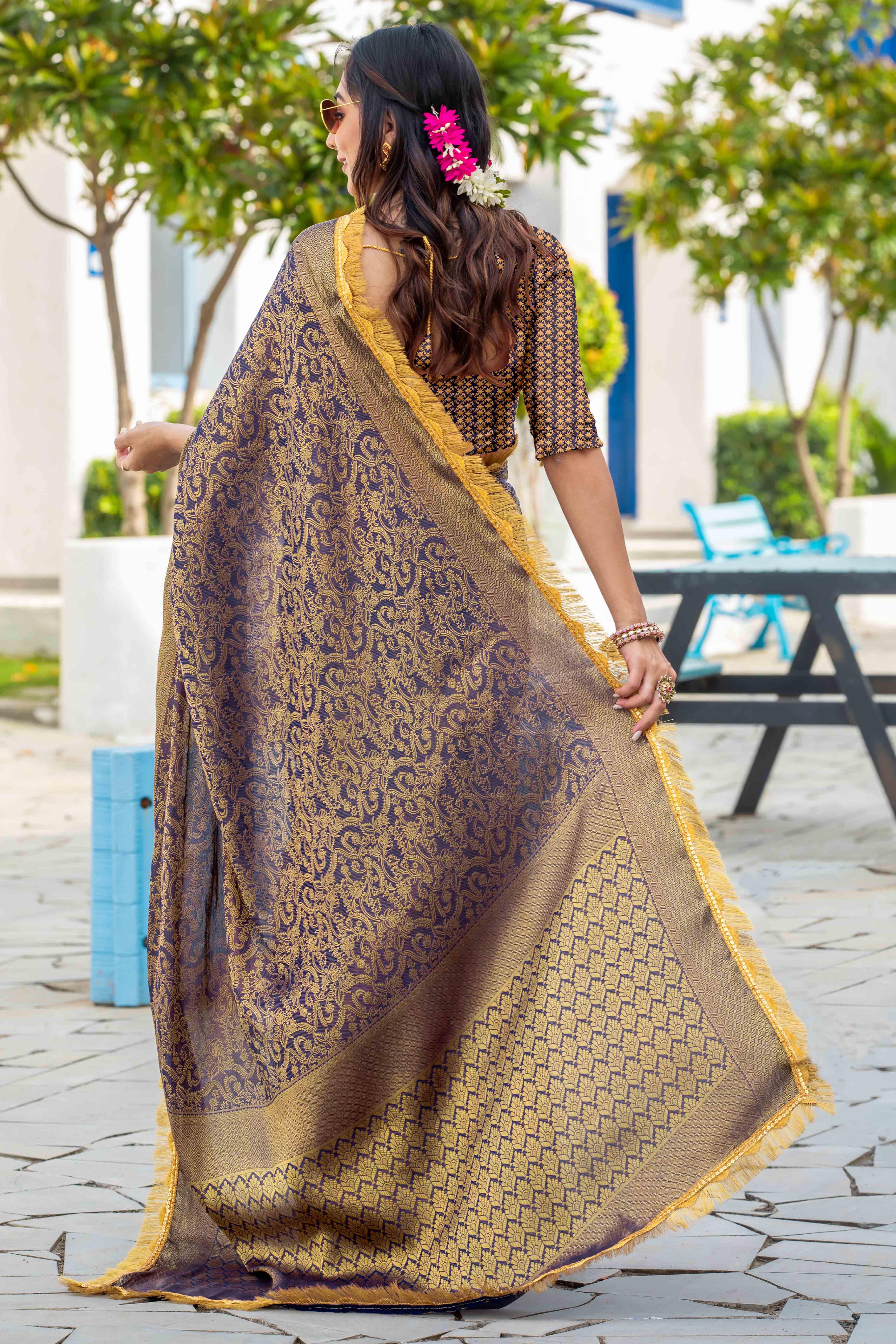 Blue Zari Weaving Mysore Brocade Silk Saree With Zari Border