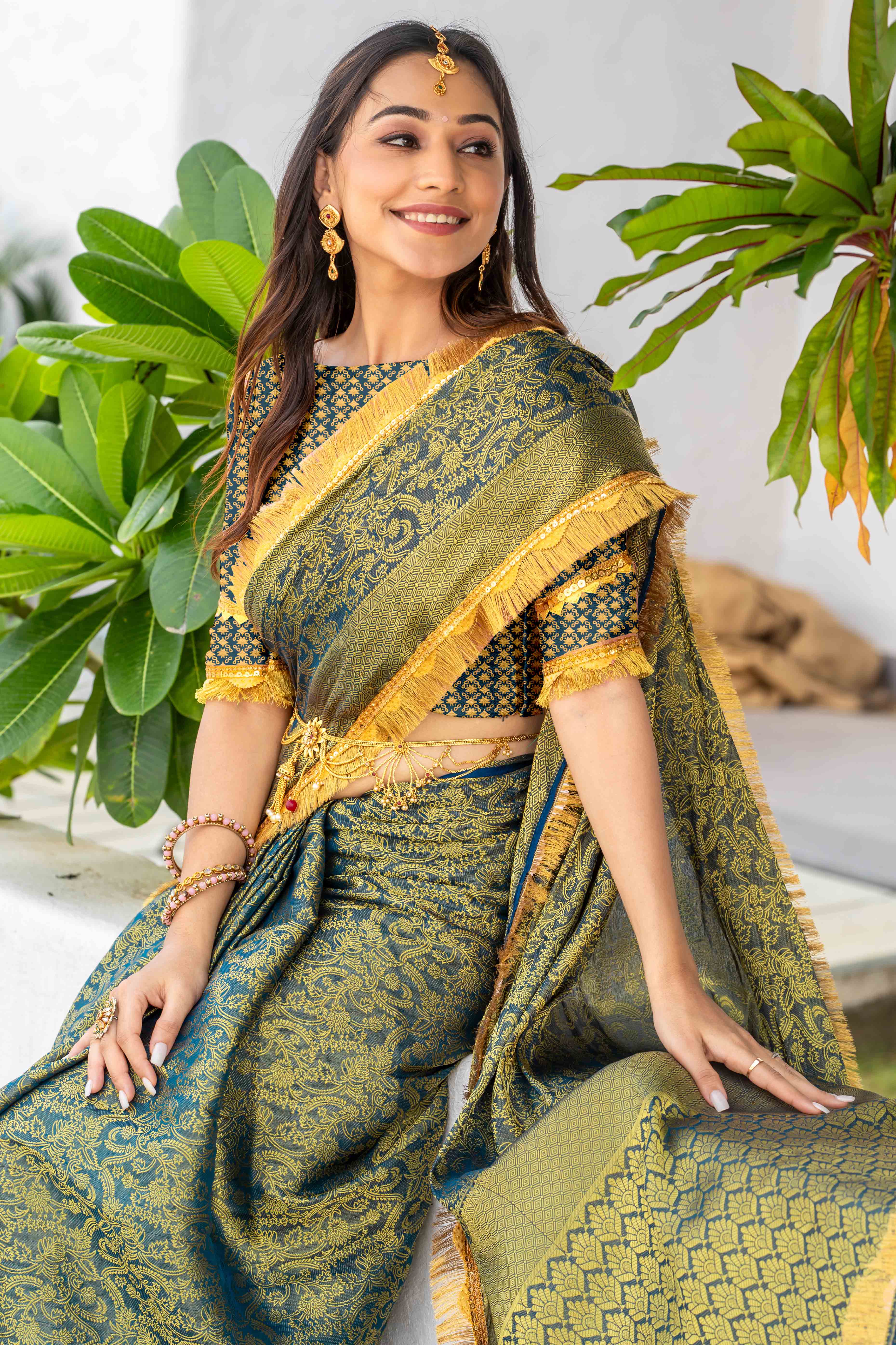 Teal Zari Weaving Mysore Brocade Silk Saree With Zari Border