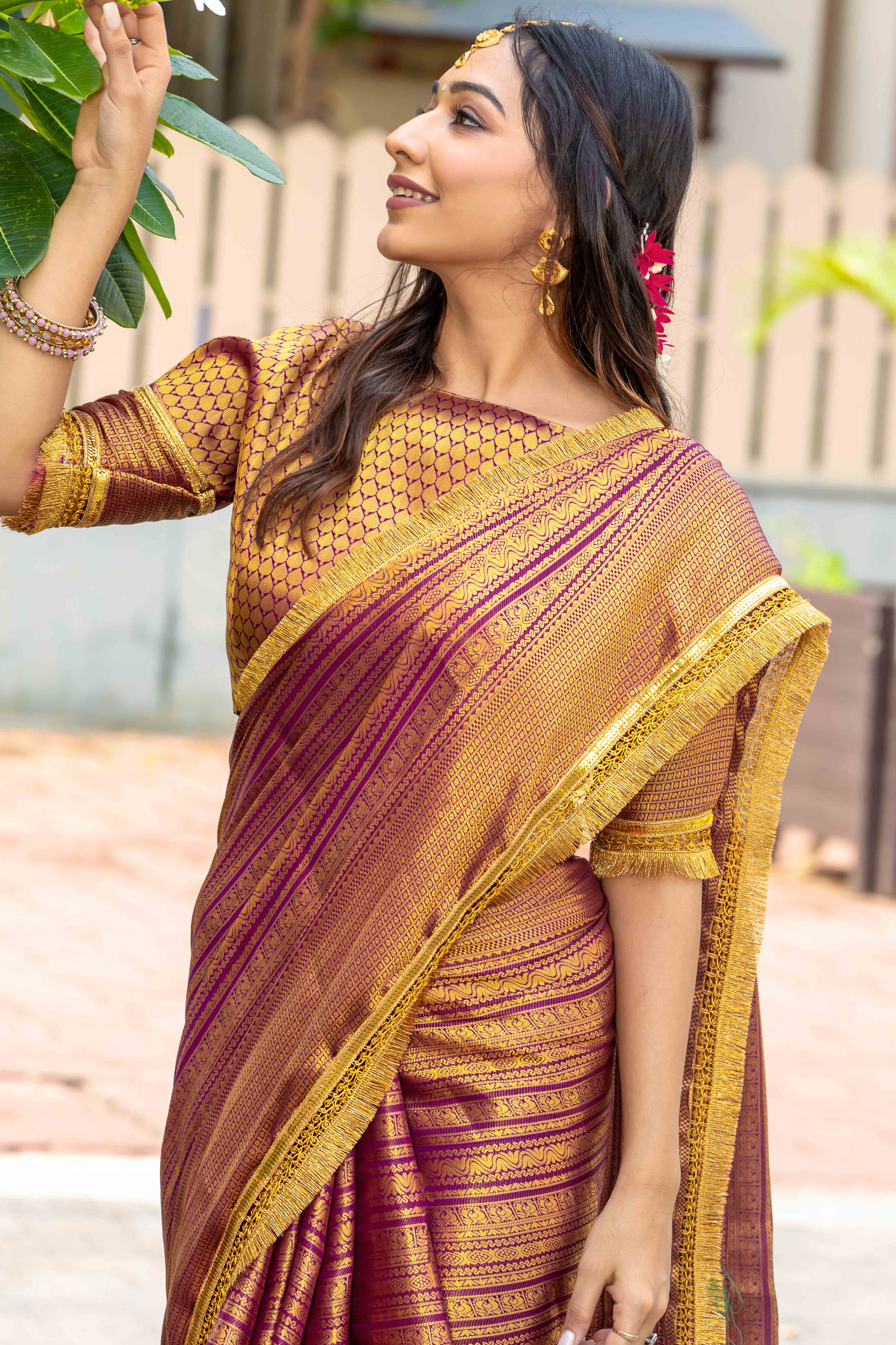 Wine Zari Weaving Mysore Brocade Silk Saree With Zari Border