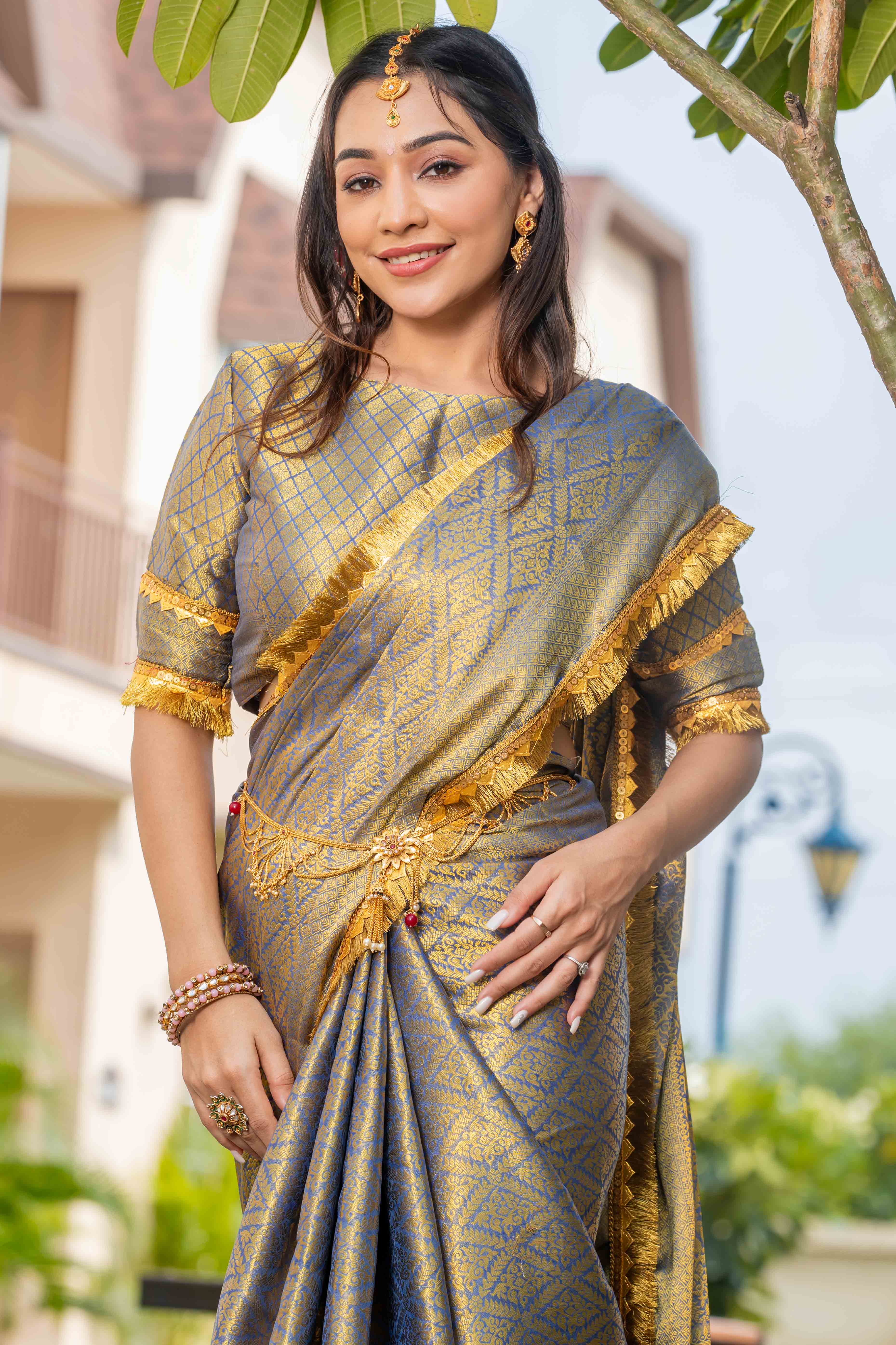 Grey Zari Weaving Mysore Brocade Silk Saree With Zari Border
