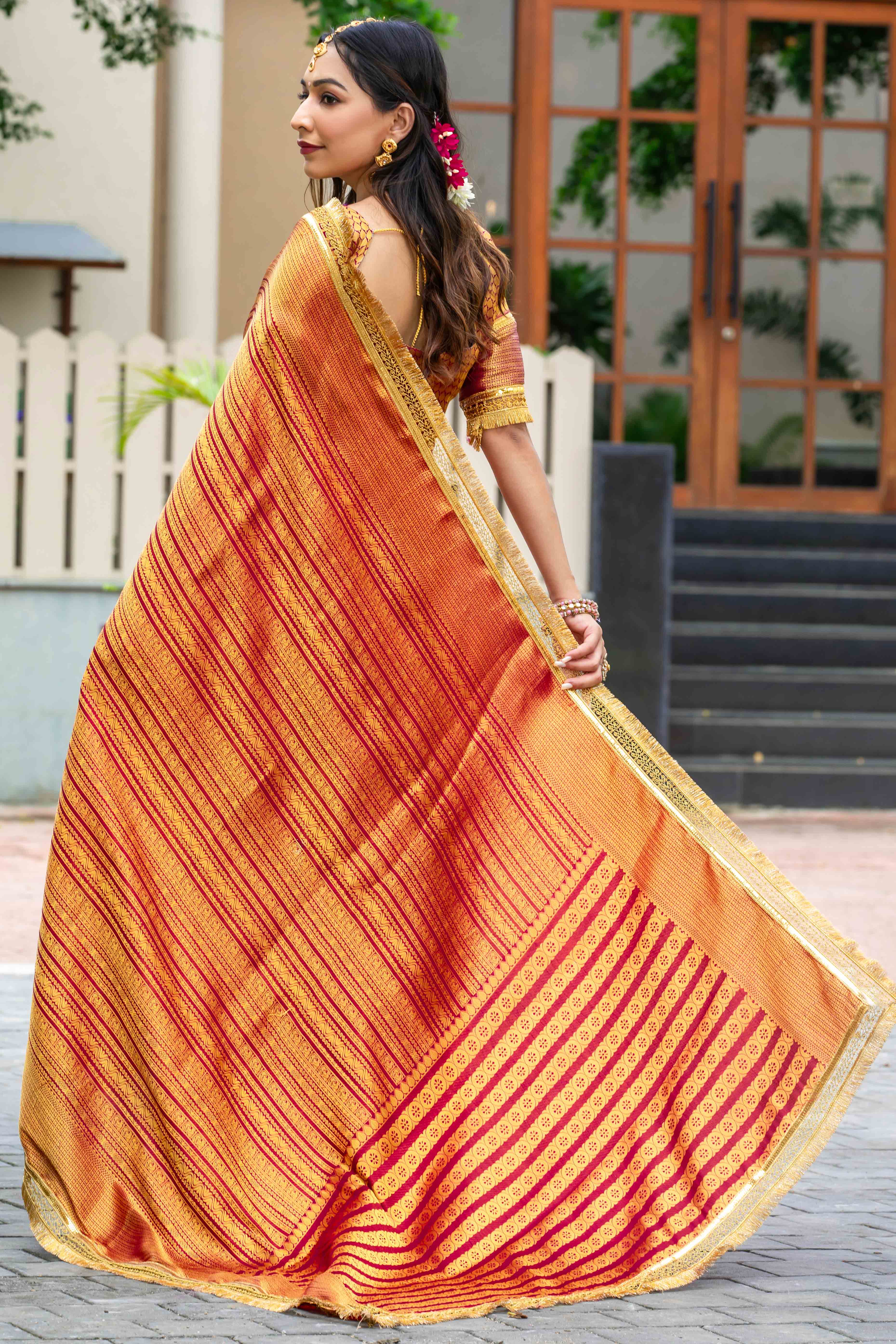 Red Zari Weaving Mysore Brocade Silk Saree With Zari Border