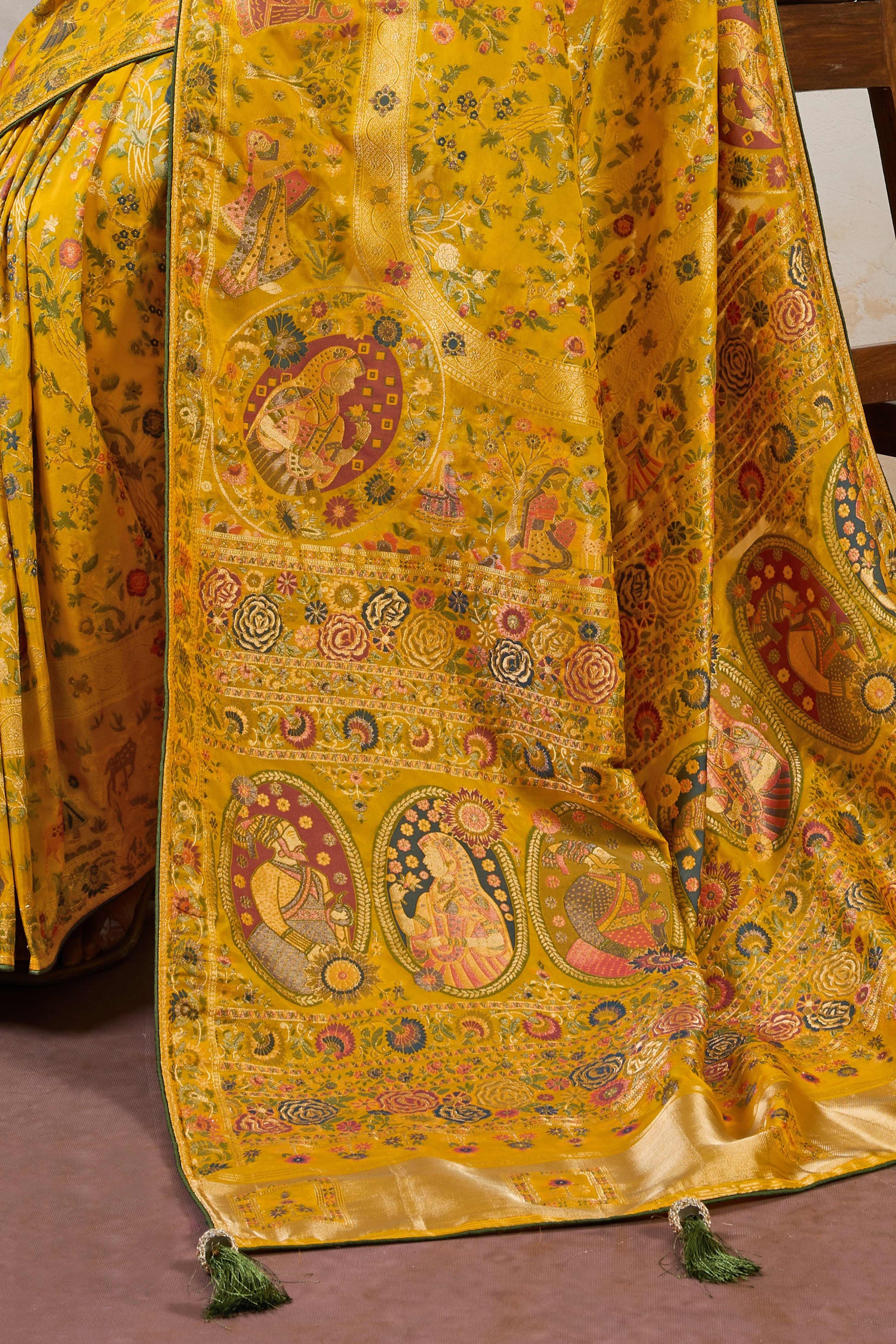 Mustard Traditional Pure Silk Saree Highlighted with Luxurious Meenakari Zari Weaving Accents