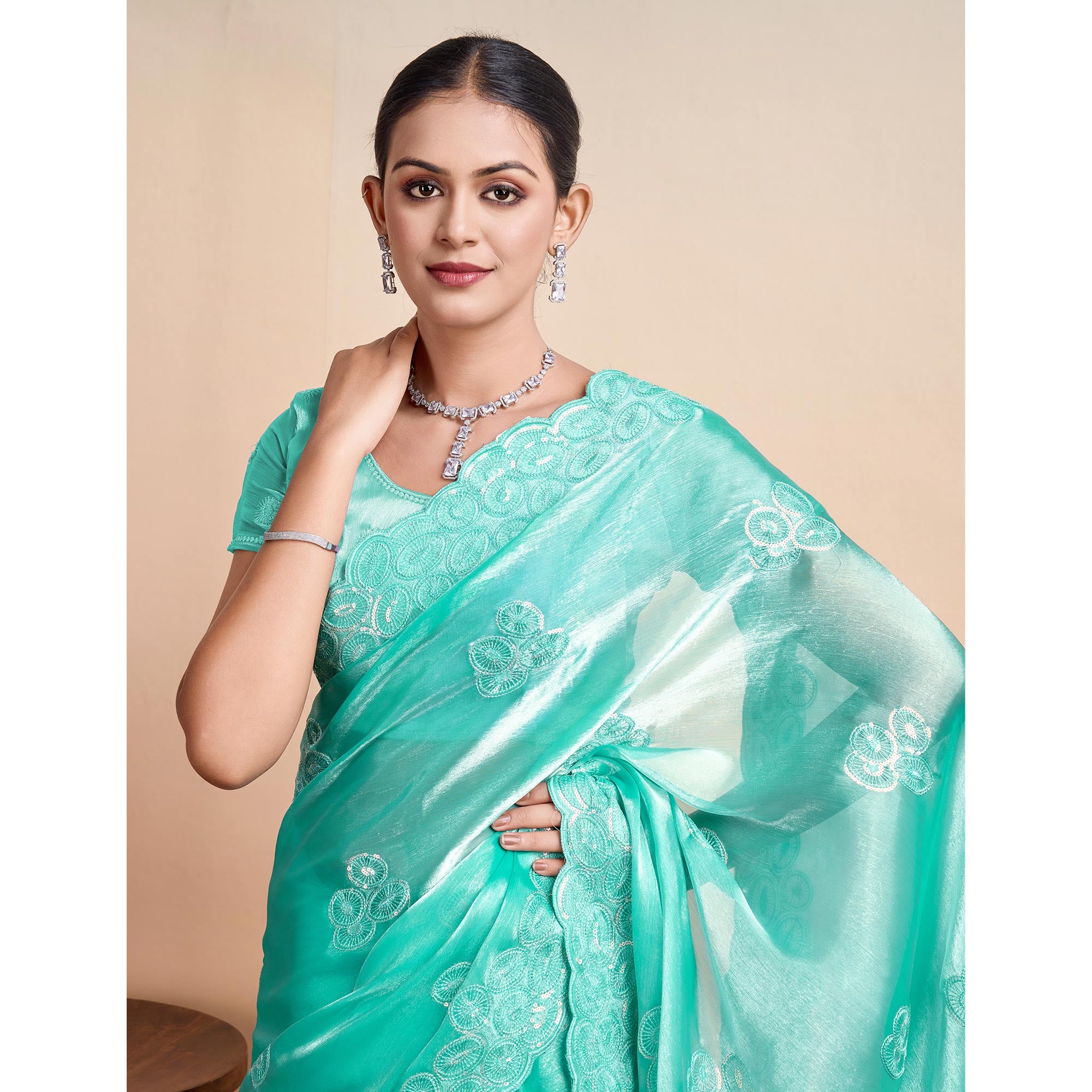 Rama Green Sequins Embroidered Organza Saree