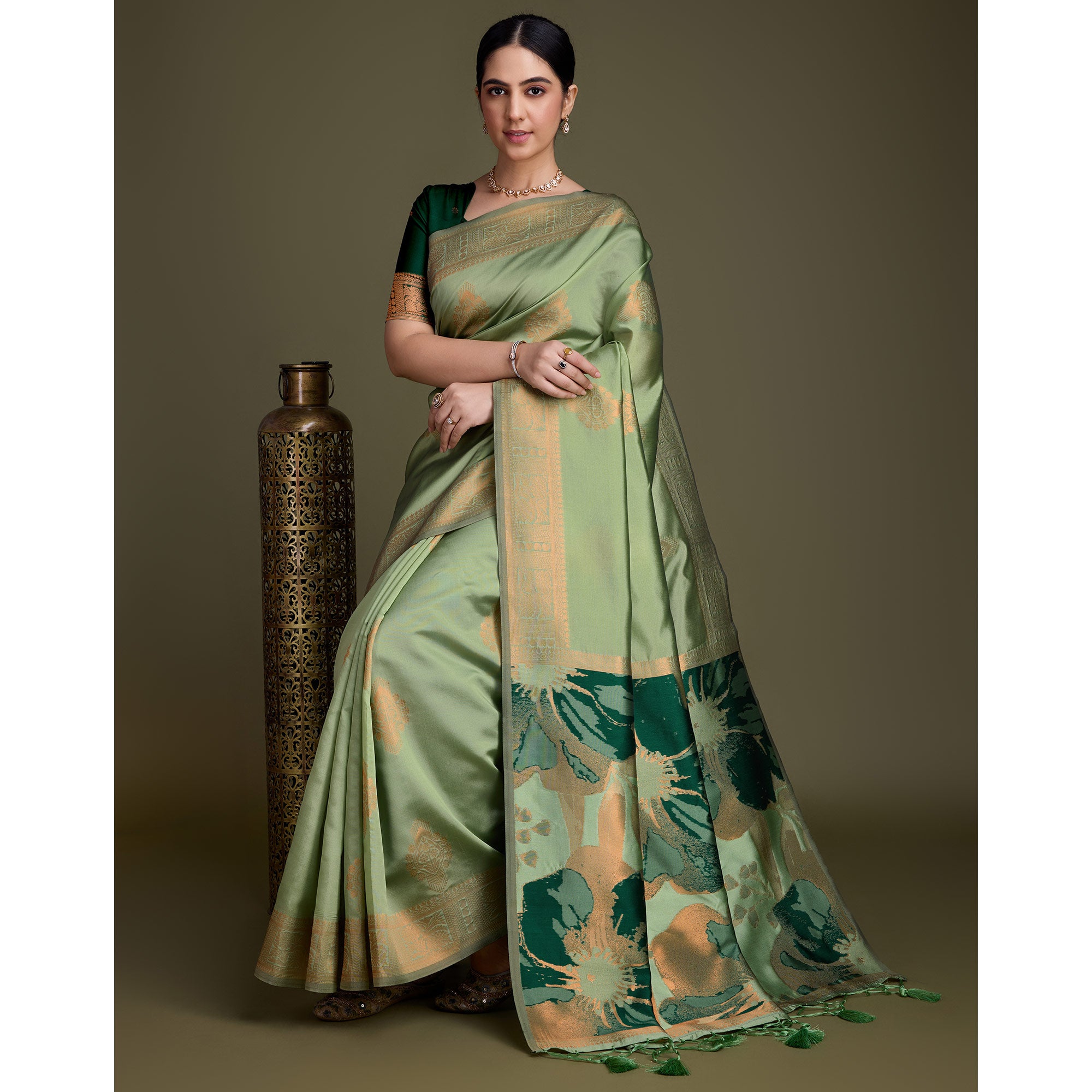 Green Floral Woven Banarasi Silk Saree