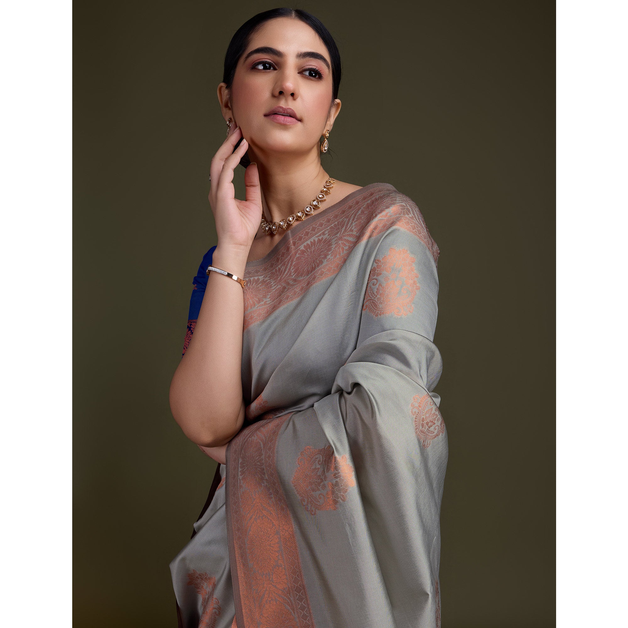 Grey Floral Woven Banarasi Silk Saree