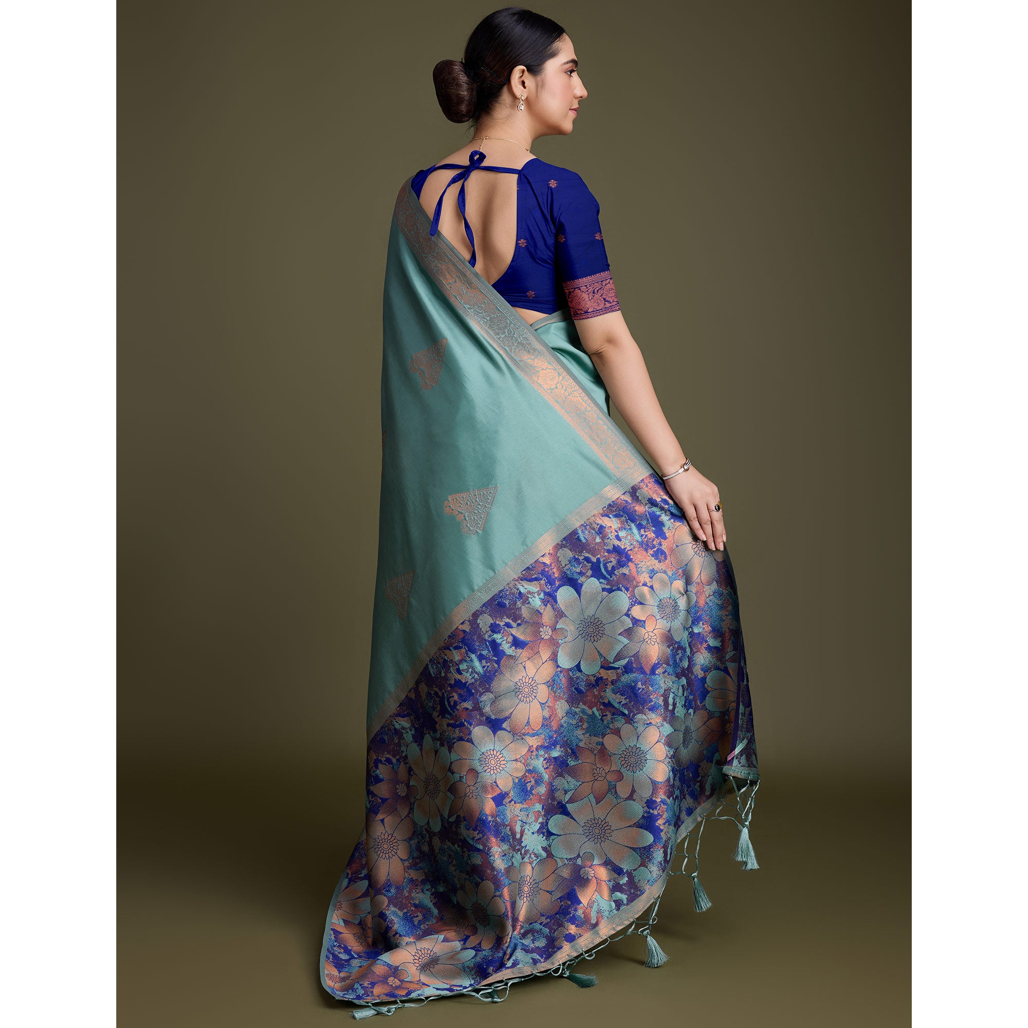Turquoise Floral Woven Banarasi Silk Saree