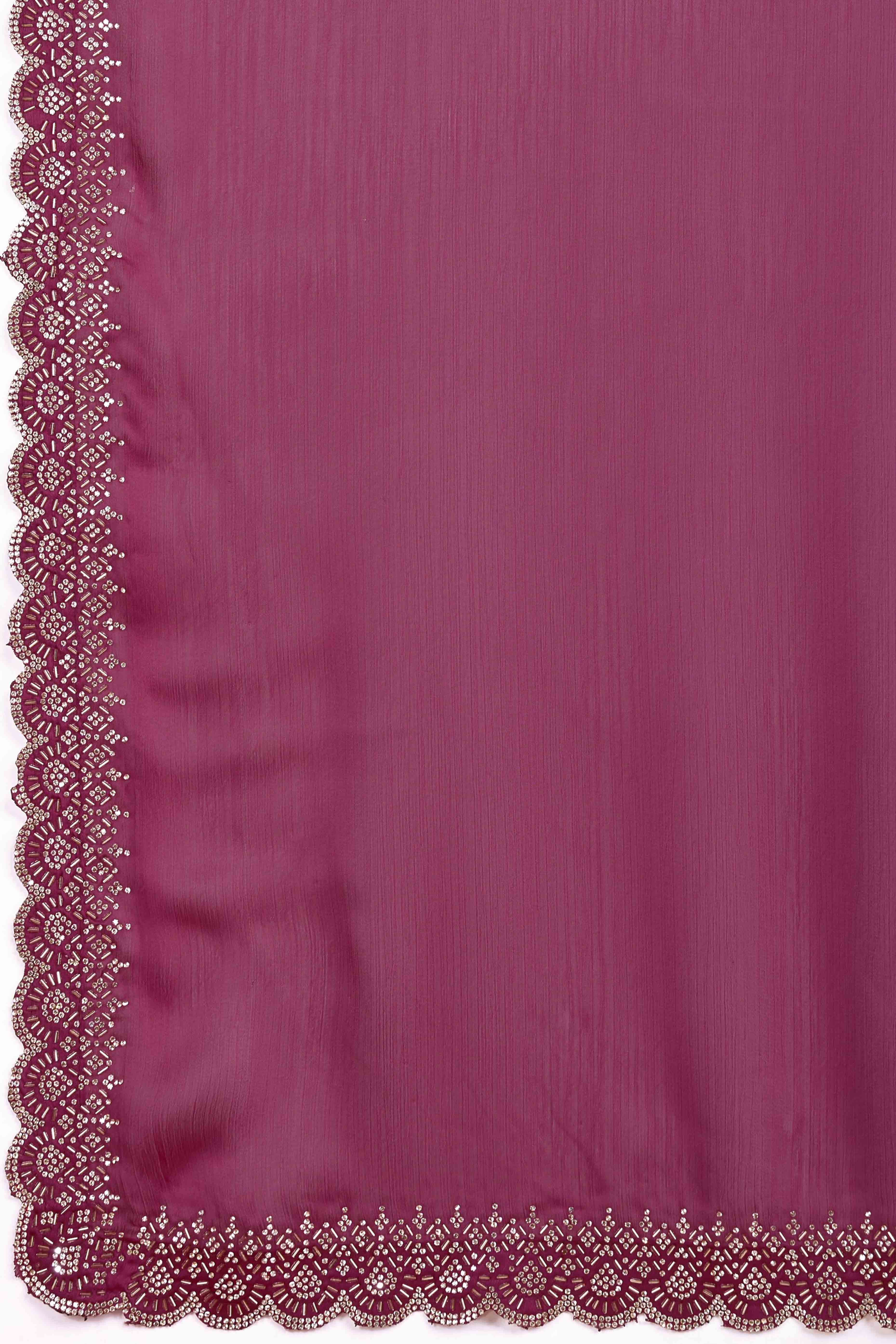 5Rouge Pink Solid Satin Chiffon Saree With Cutdana & Zarkan Handwork