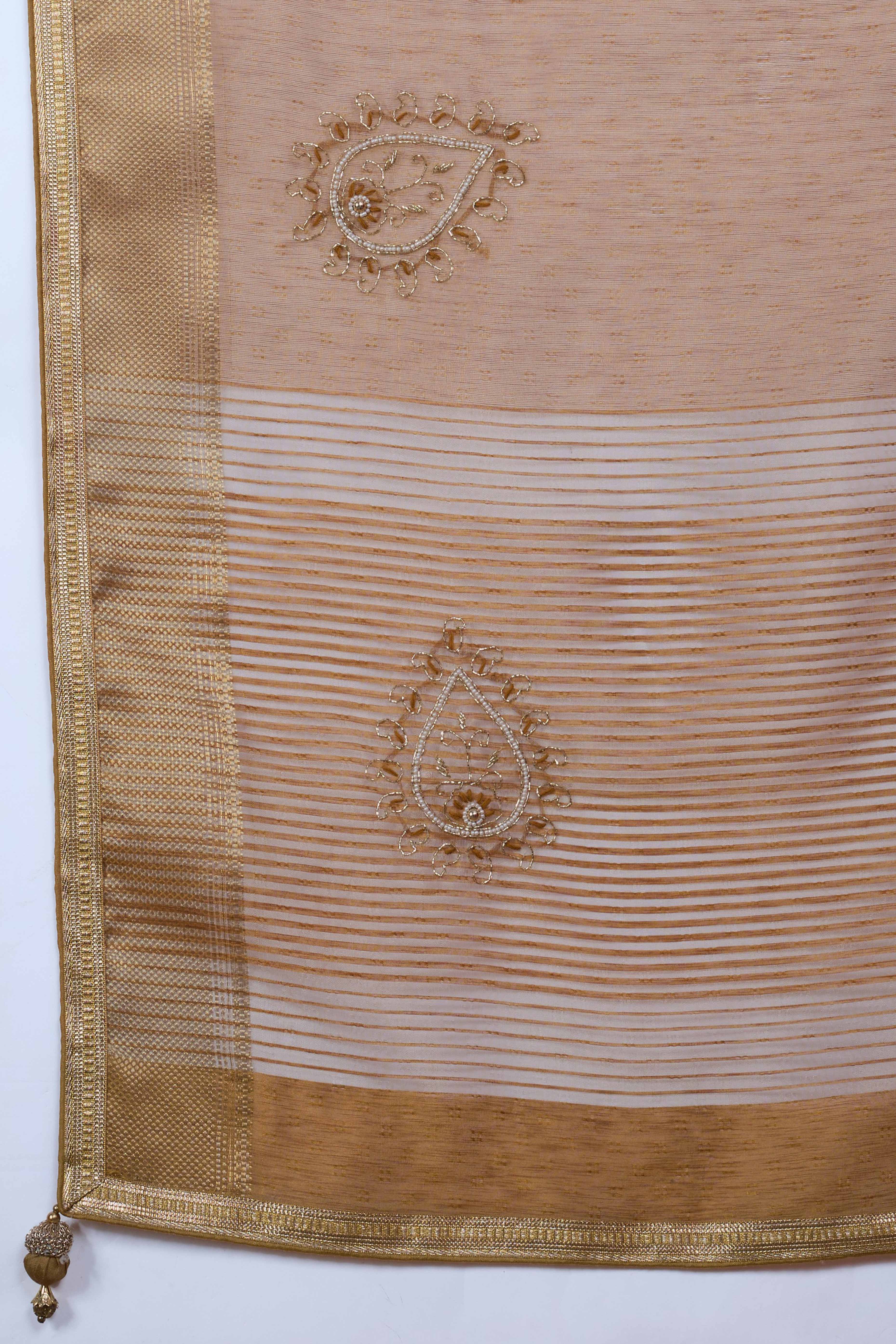 Beige Woven Linen Tissue Saree Featuring Beads Embellishment