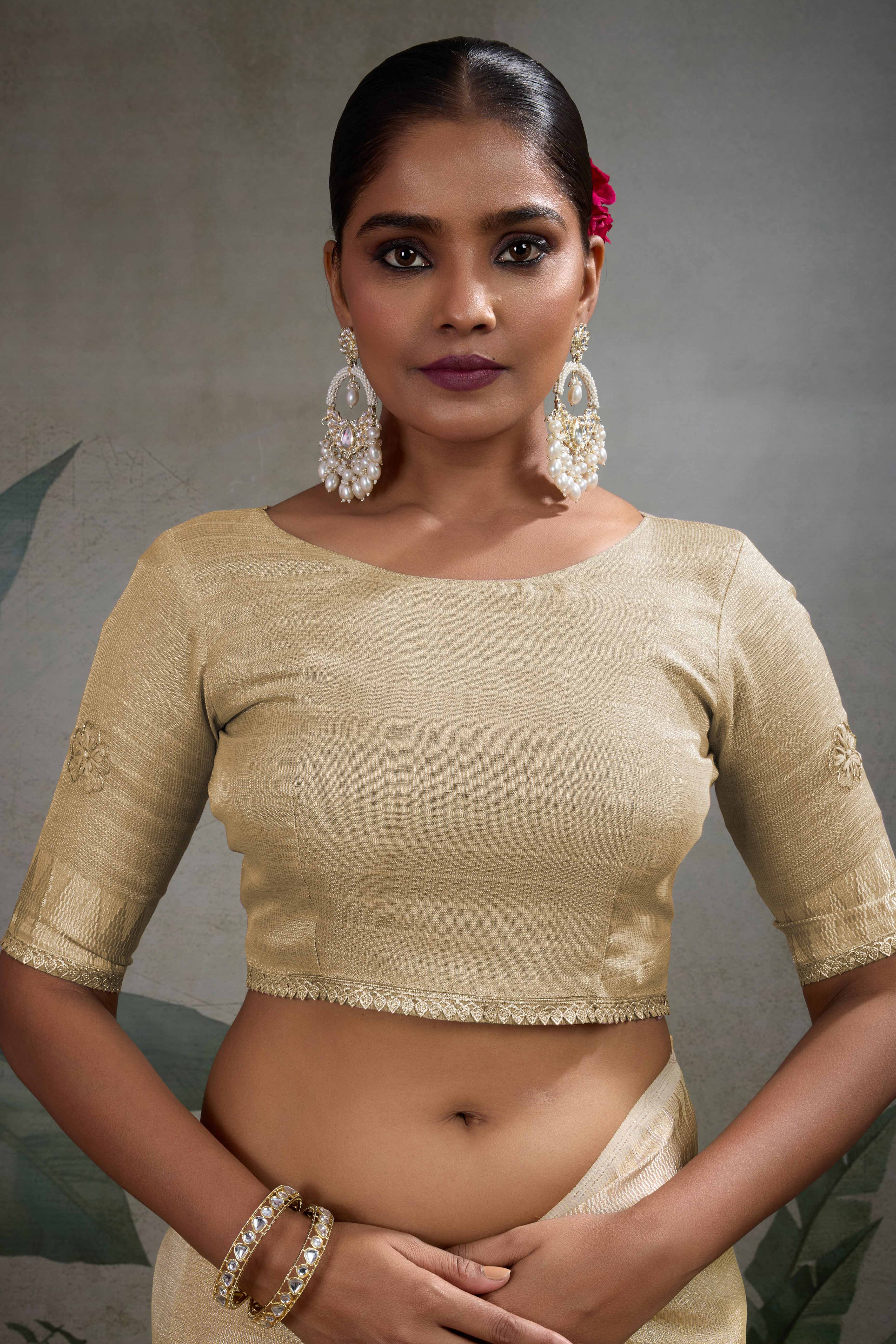 Beige Linen Tissue Saree with Hand Beads Embellishment