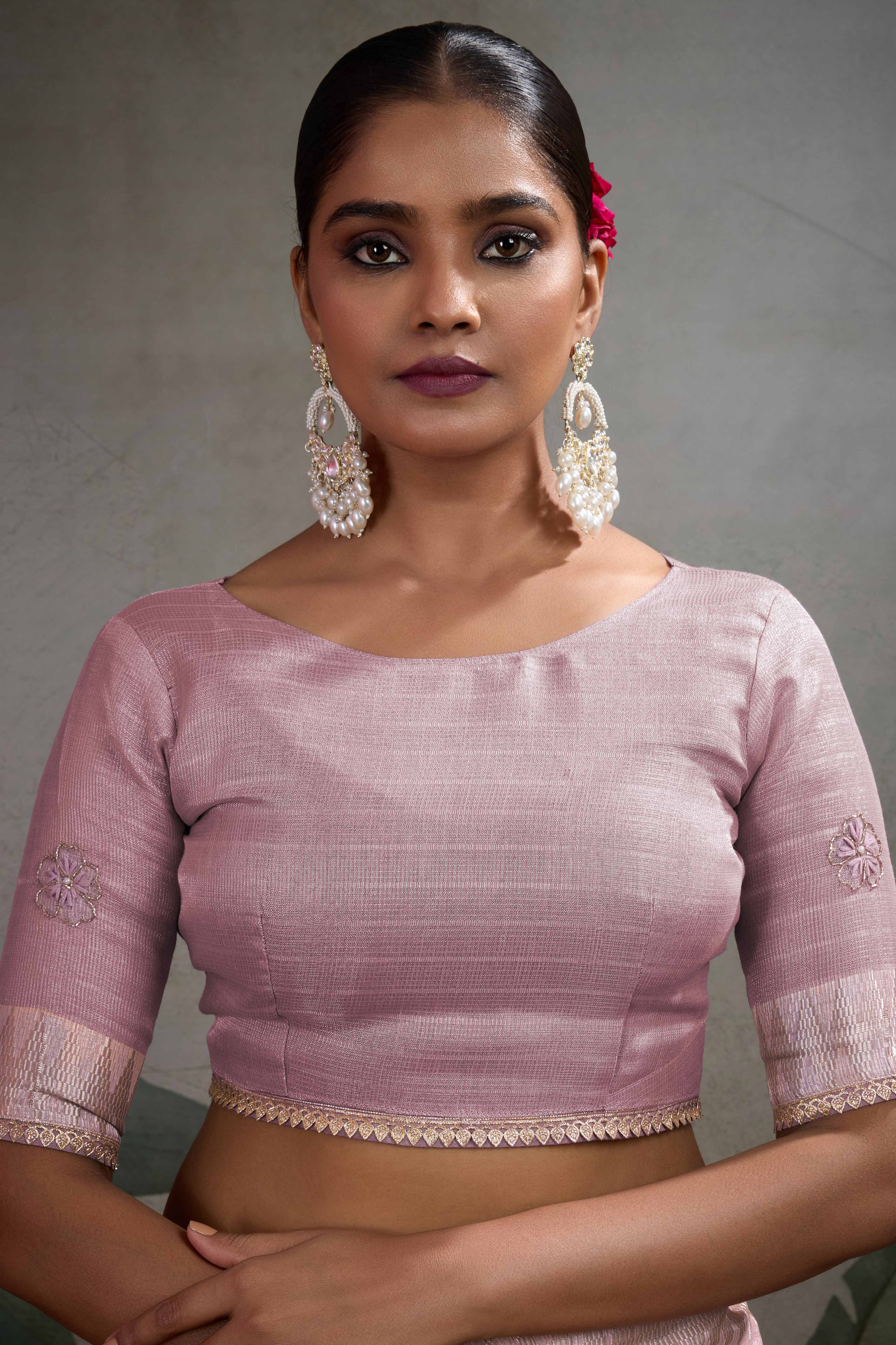 Mauve Linen Tissue Saree with Hand Beads Embellishment