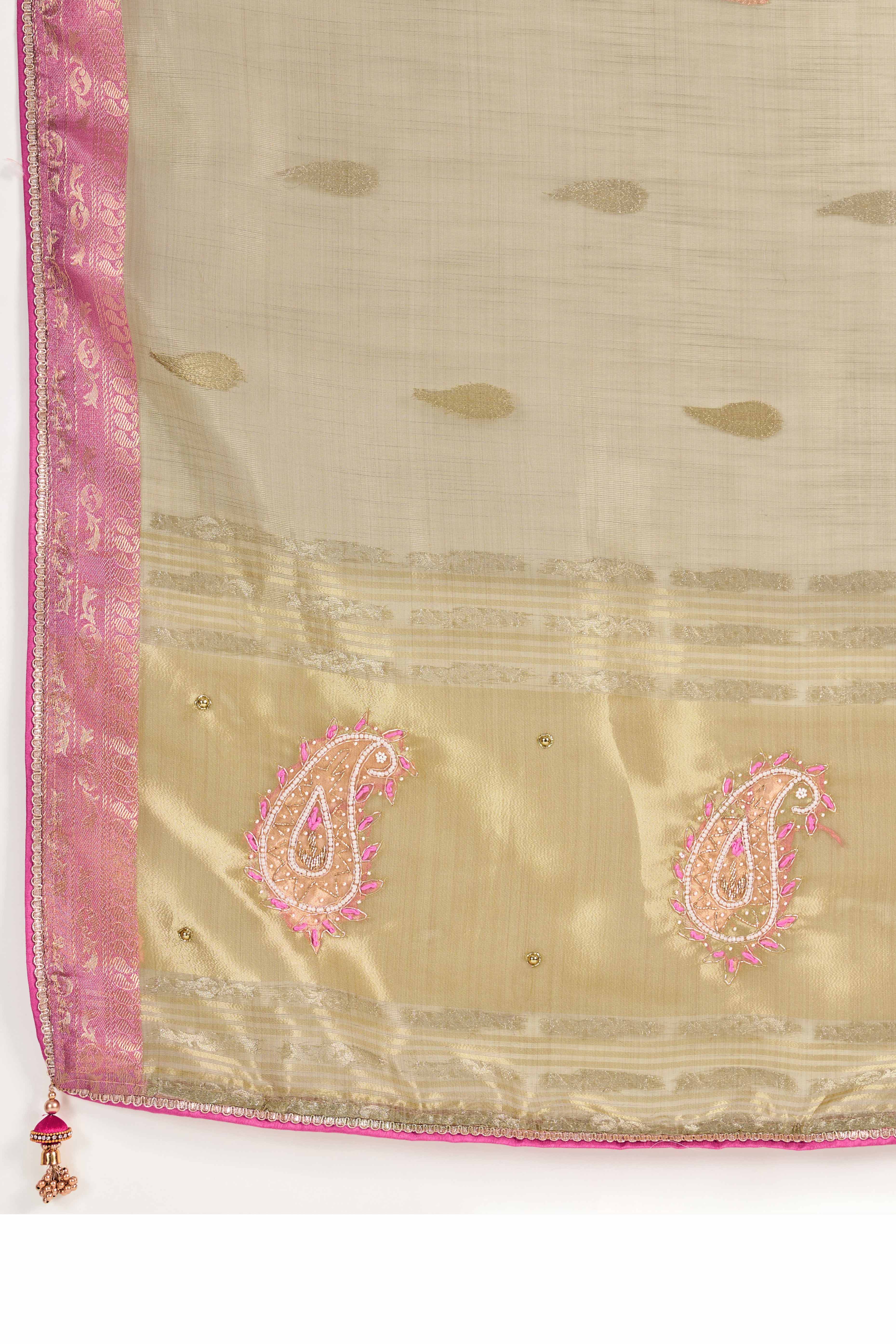Beige Designer Tissue Linen Woven Saree with Luxe Zari and Beads Work