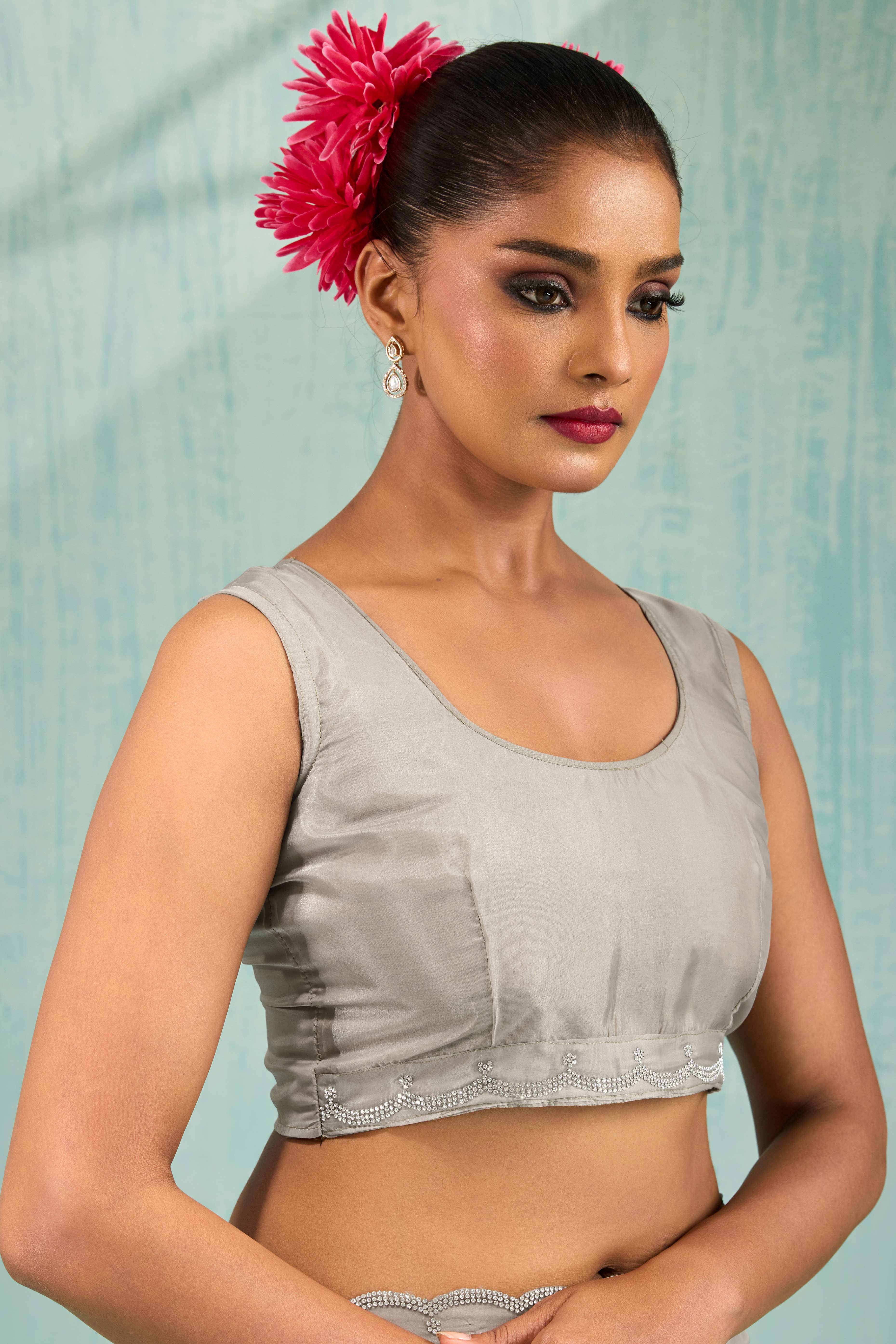 Grey Embellished Viscose Saree Featuring Luxe Crystal Detailing