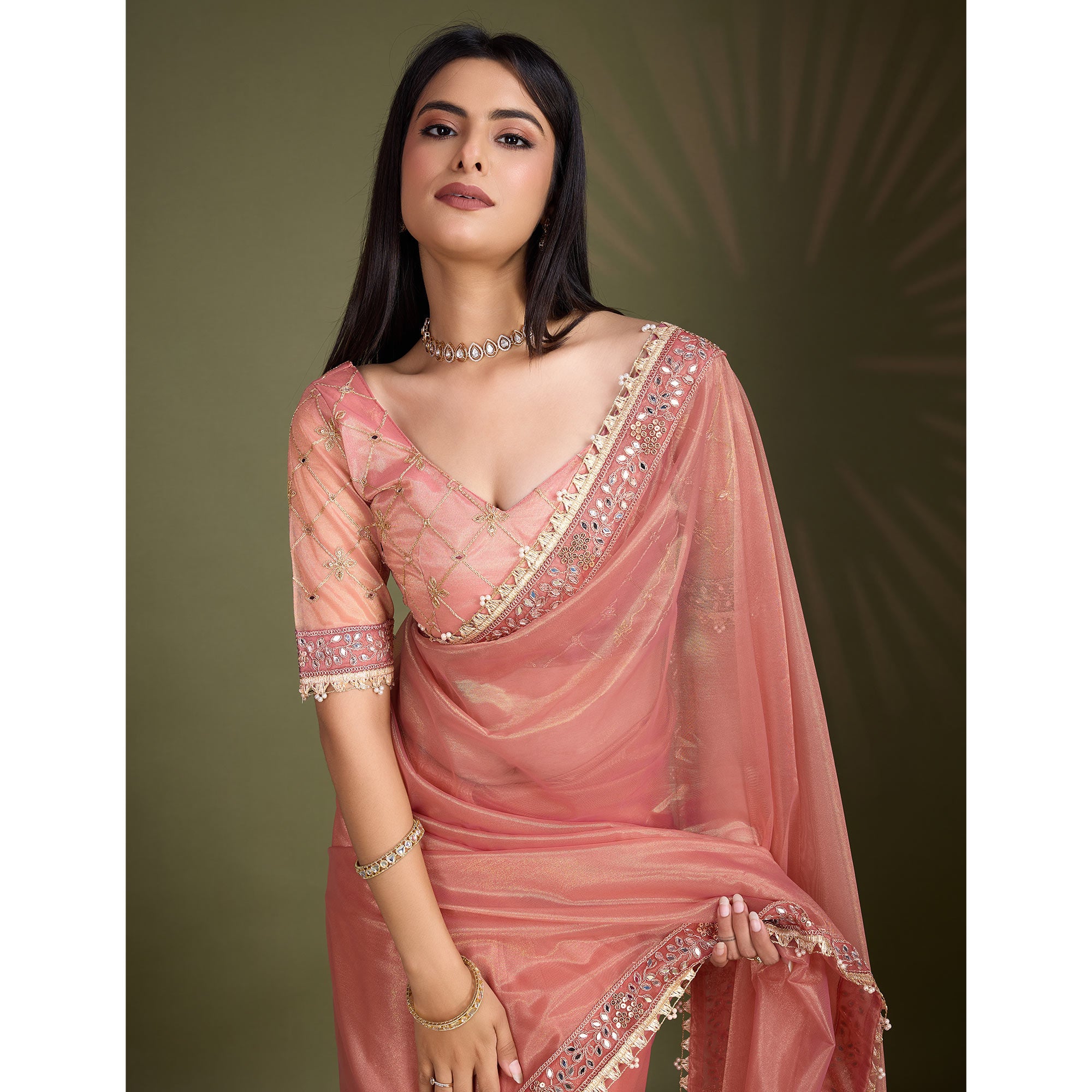 Peach Sequins Embroidery With Mirror Handwork Twill Net Saree
