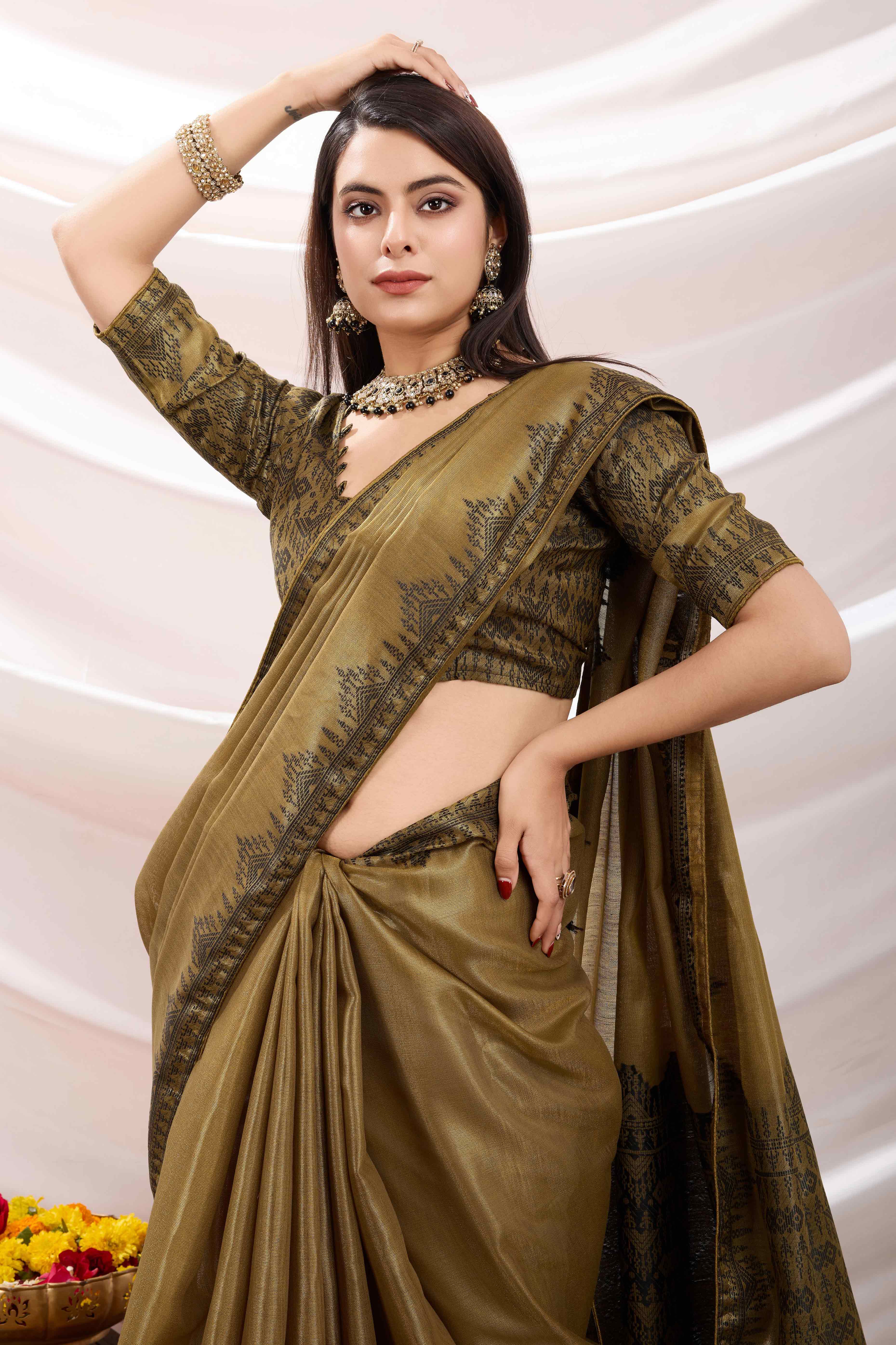 Mehendi Green Festive Linen Tissue Saree with Zari Borders