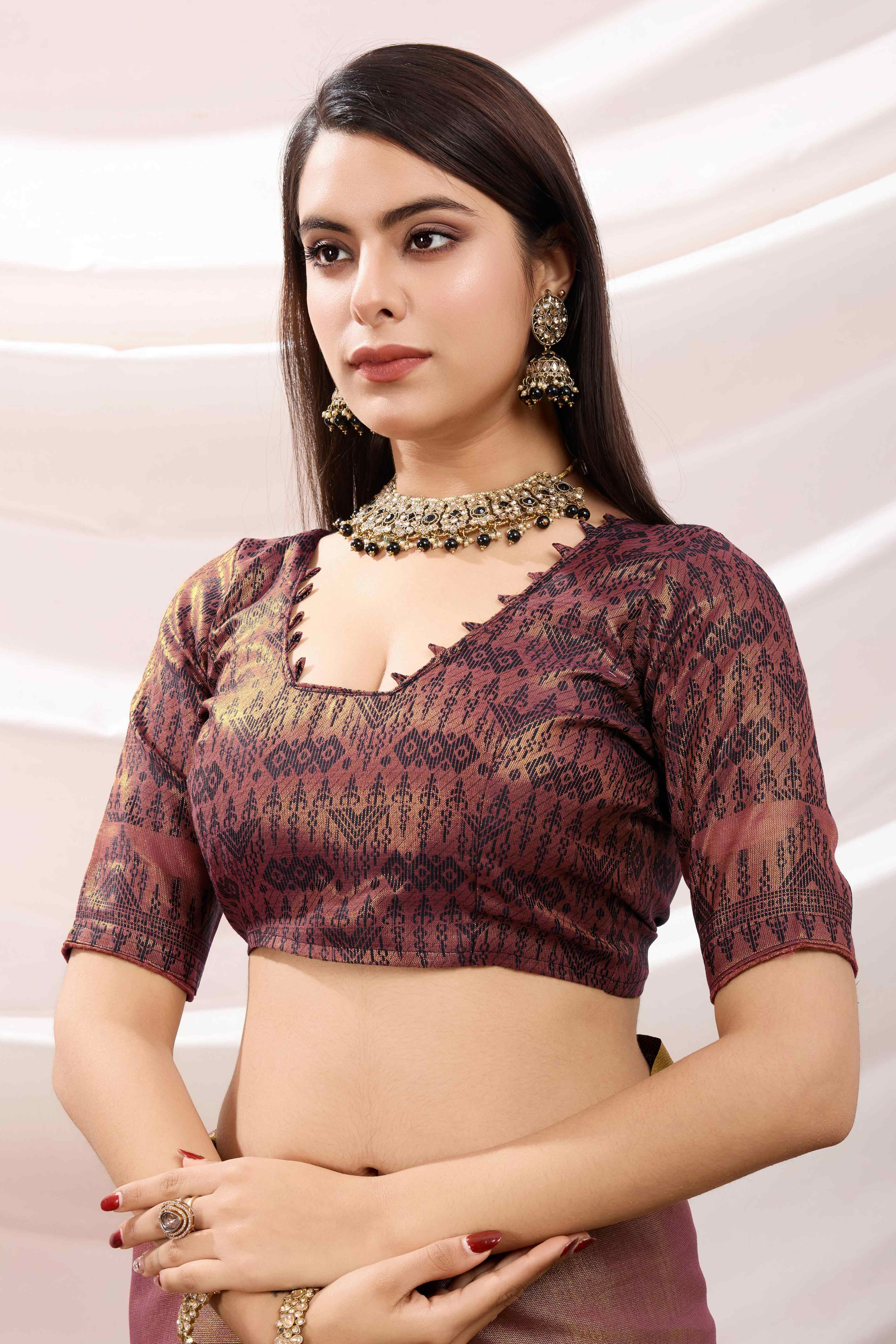 Brownish Maroon Festive Linen Tissue Saree with Zari Borders