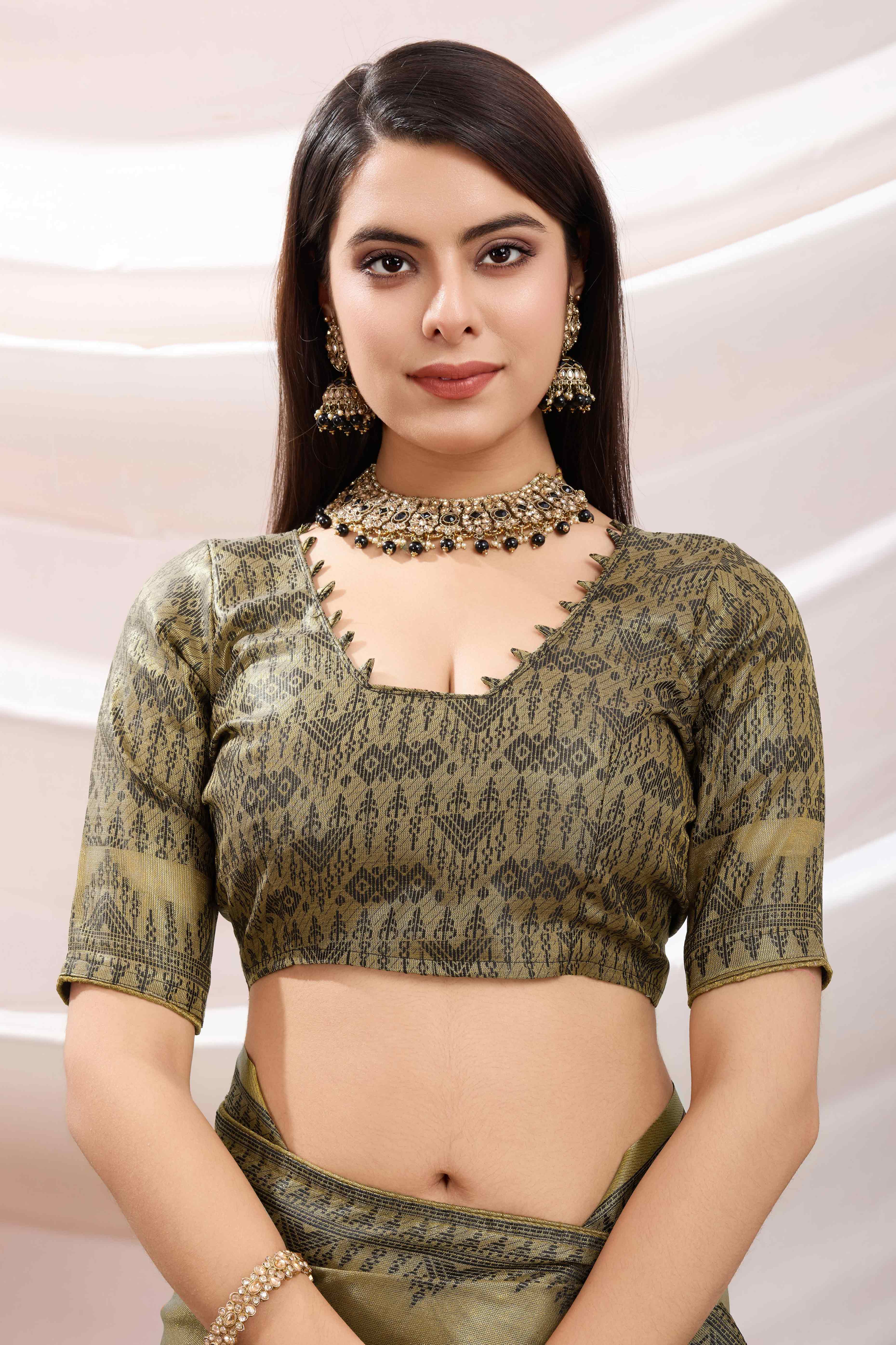 Dusty Green Festive Linen Tissue Saree with Zari Borders