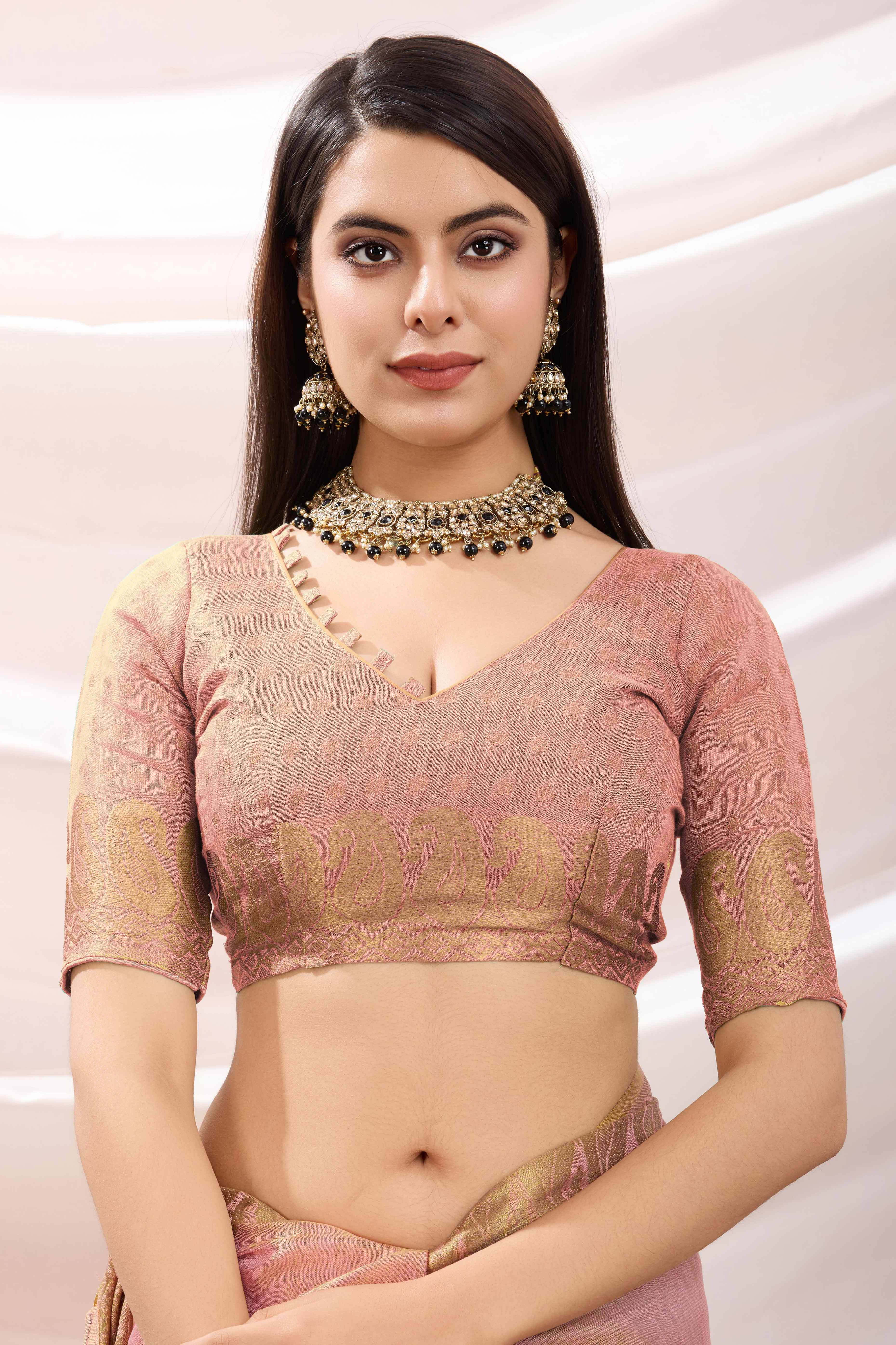 Pink Festive Linen Tissue Saree with Zari Borders