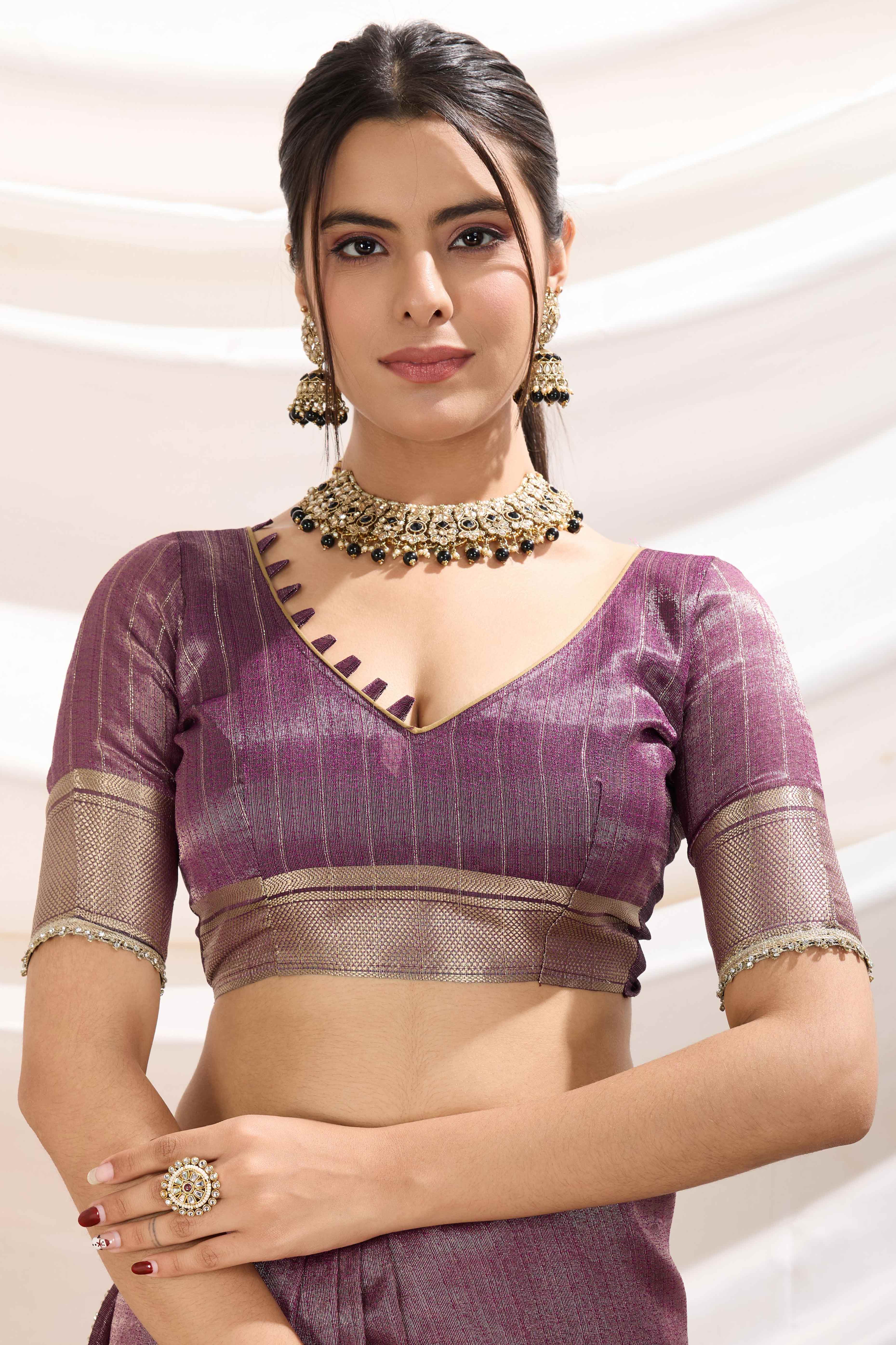 Purple Solid Linen Tissue Saree With Weaving & Zarkan Lace Border