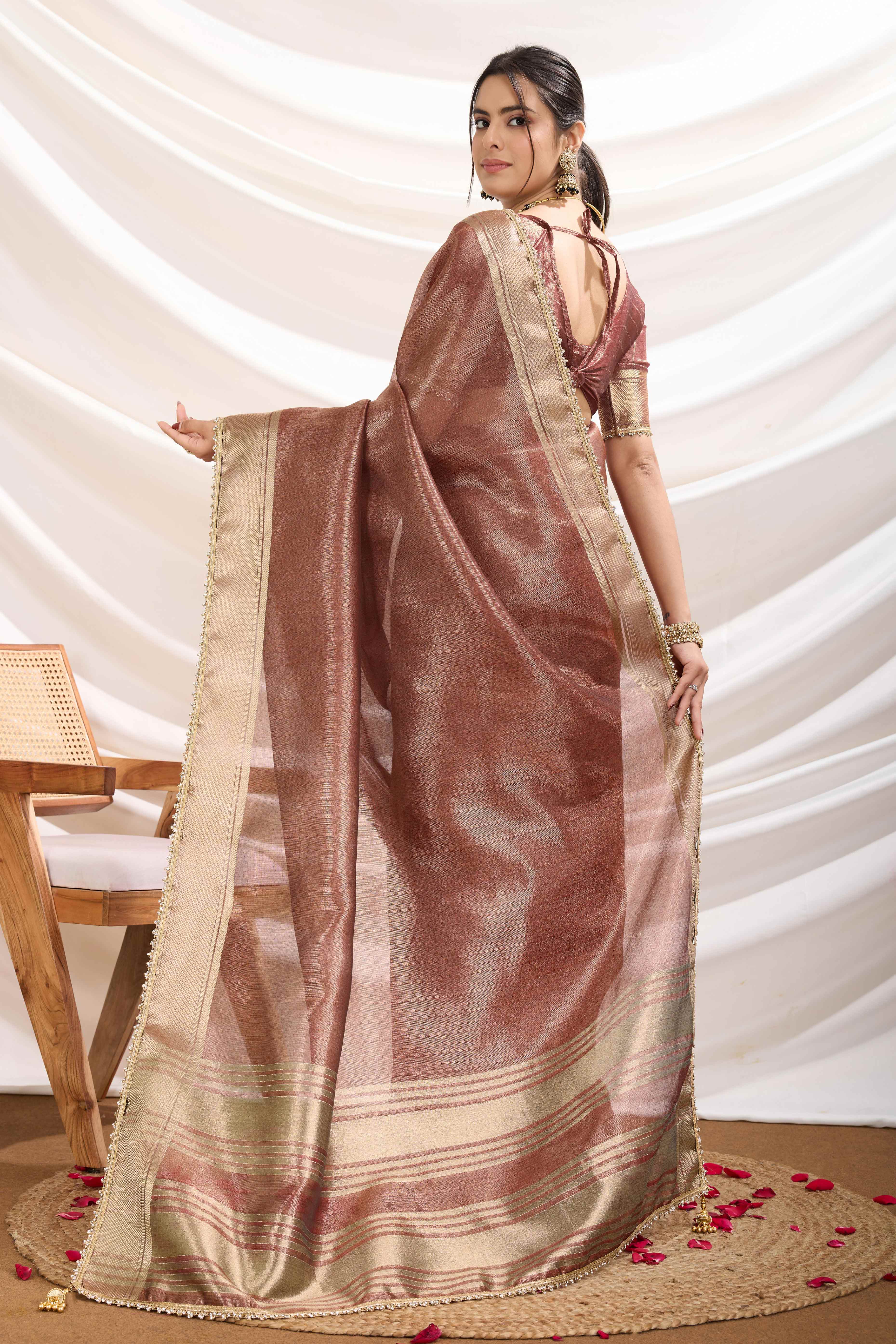 Brown Solid Linen Tissue Saree With Weaving & Zarkan Lace Border