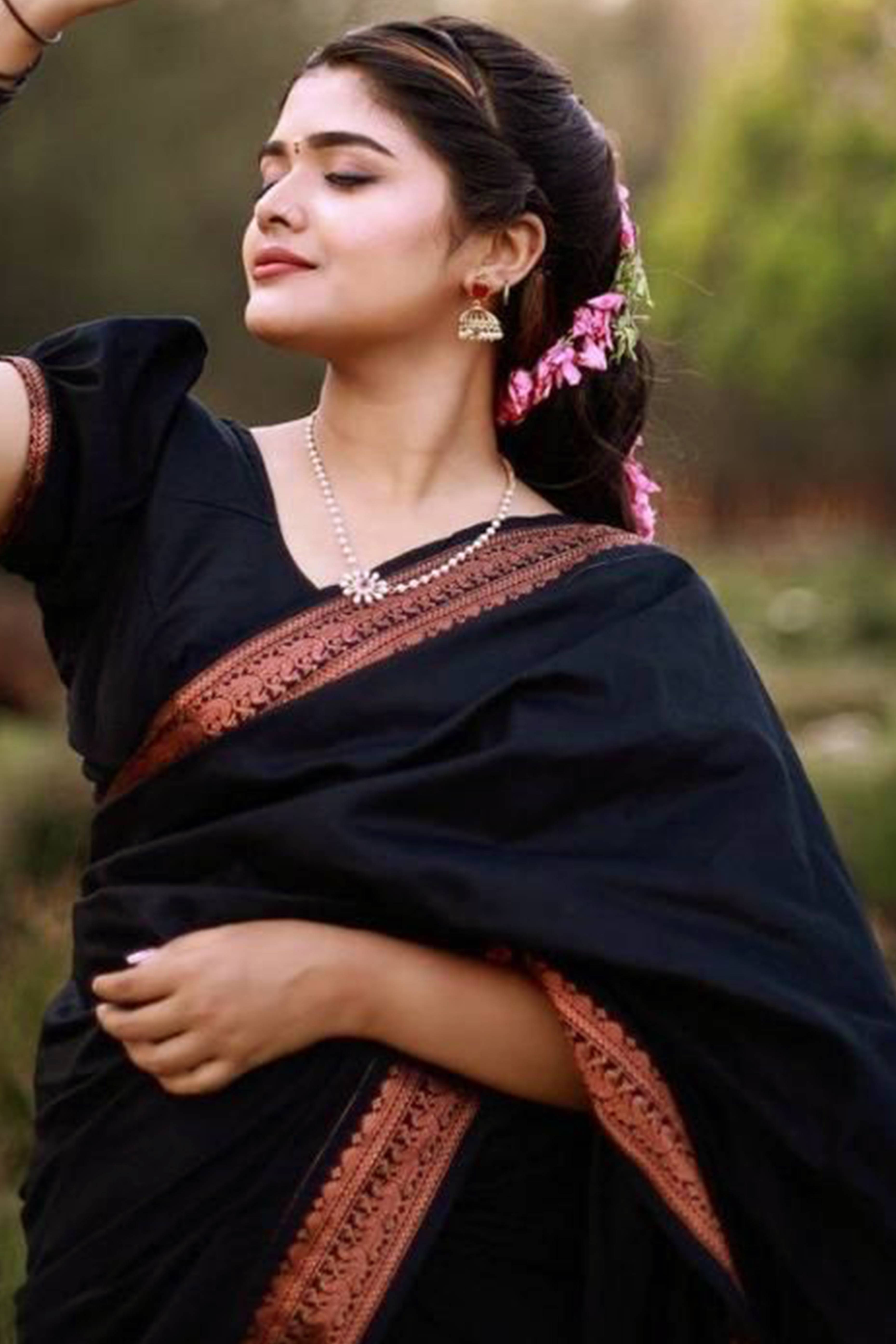 Black Banarasi Silk Saree with Zari Woven Border Design